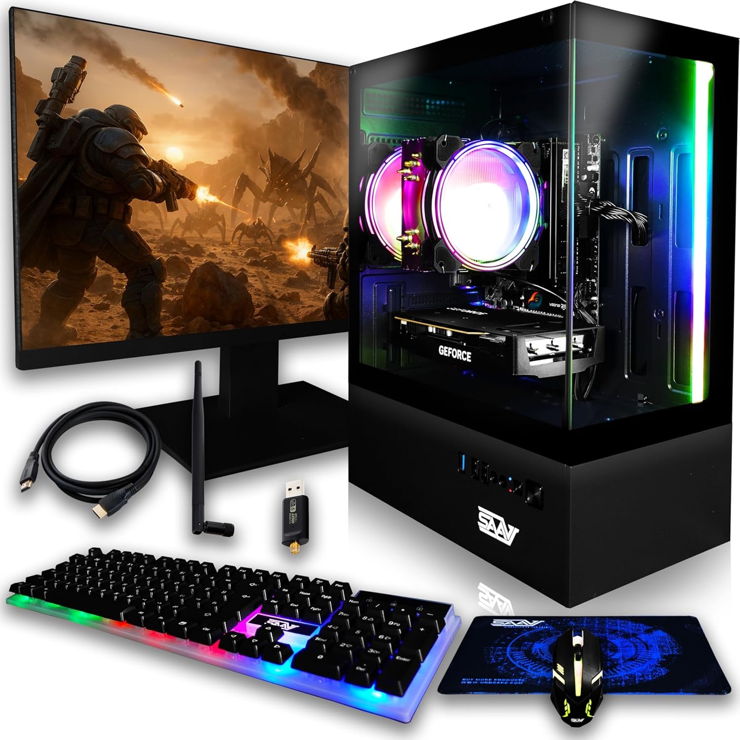 X10 2025 Gaming PC Tower Computer, AMD Ryzen 5 5500 4.2Ghz, Geforce RTX 5060 8GB GDDR7, 22 Inch Monitor, 32GB DDR4, 1TB Nvme SSD, Wifi 6, Bluetooth, Windows 11, RGB Prebuilt Desktop Bundle Black