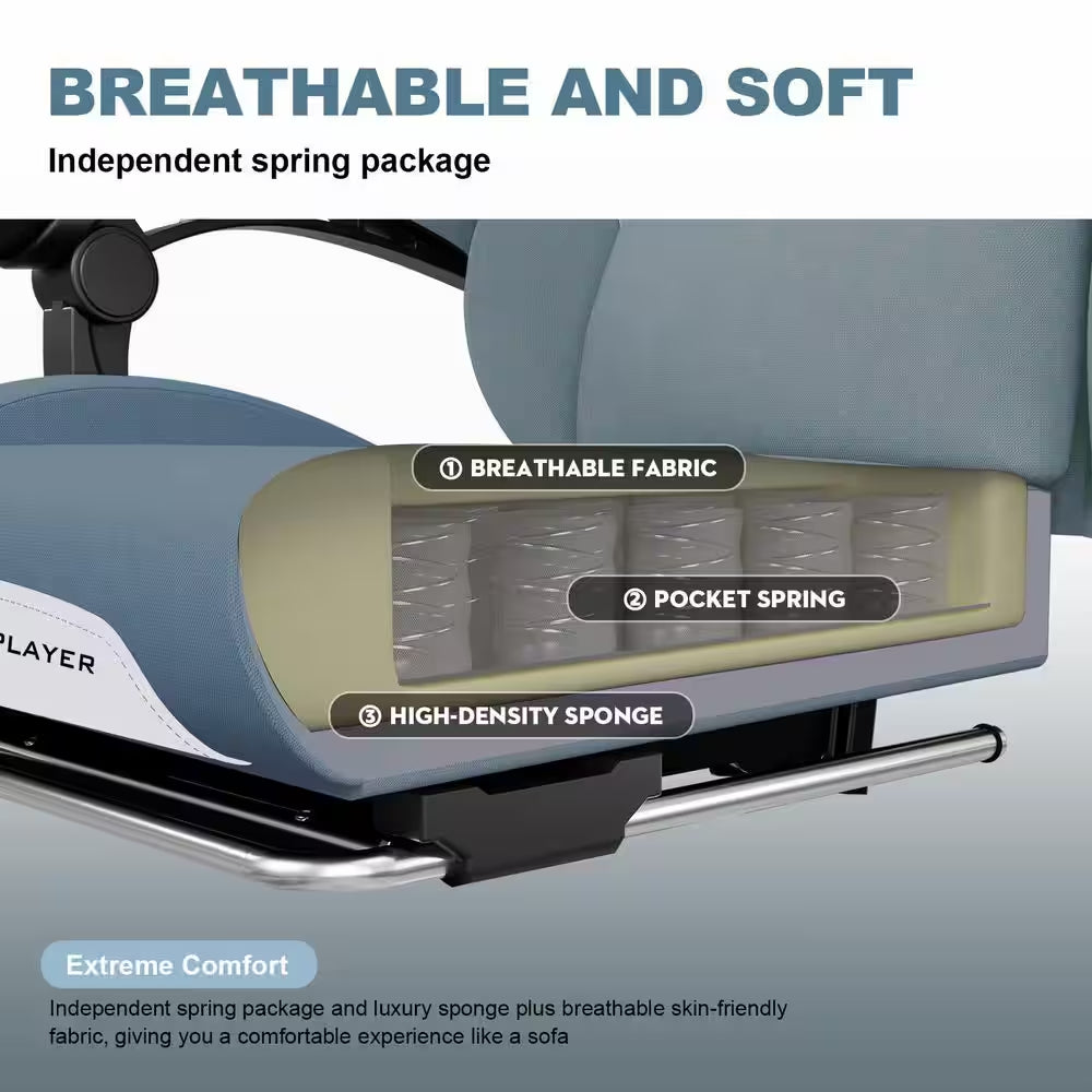 Gaming Chair Fabric Computer Chair with Foot Rest and Pocket Spring Cushion Ergonomic Computer Desk Chair, Blue