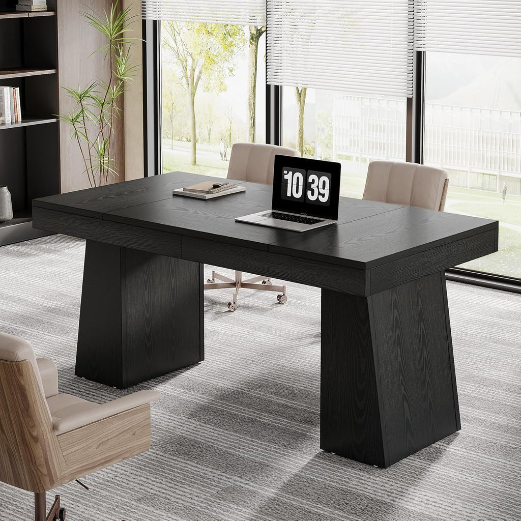 55 Inches Executive Desk, Mid-Century Modern Home Office Desk, Wood Computer Desk Business Workstation Desk Small Conference Table, Black