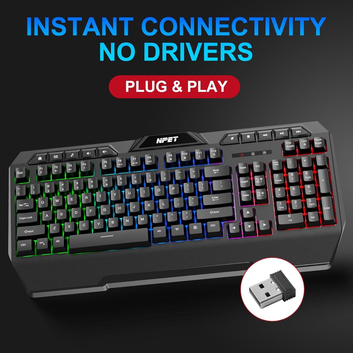 K32 Wireless Gaming Keyboard RGB with Wrist Rest - Long-Lasting Rechargeable Battery - Quick and Quiet Typing - Water Resistant Backlit Wireless Keyboard for PC PS5 PS4 Xbox One Mac - Black