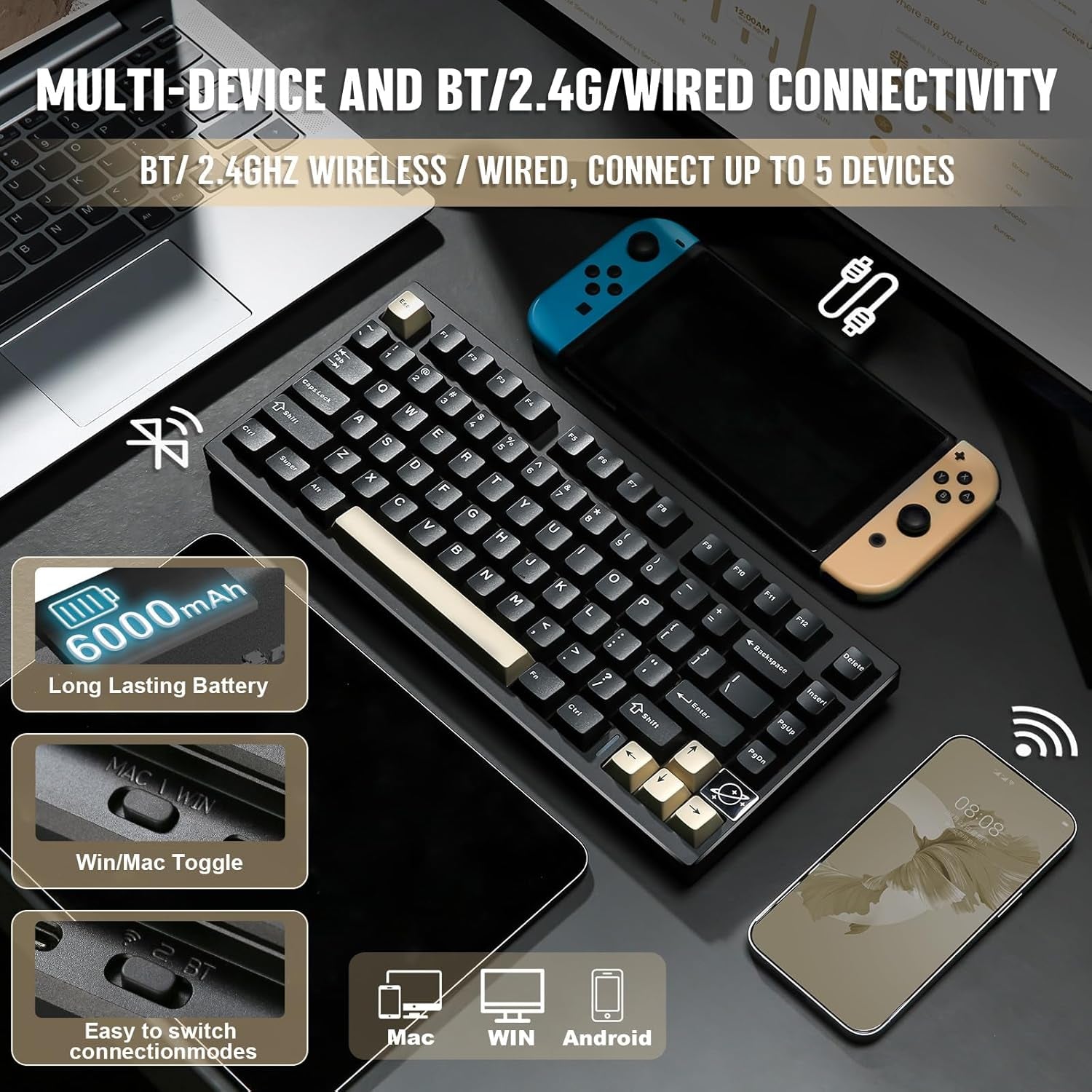 AL75 PRO 75% Wireless Mechanical Gaming Keyboard,Full Aluminum Cnc,Bt/2.4G/Wired,Pbt Keycaps,Gasket Mounted Hot Swap,Custom RGB Backlight, Programmable for Mac/Win (Black, Cocoa Cream V2)