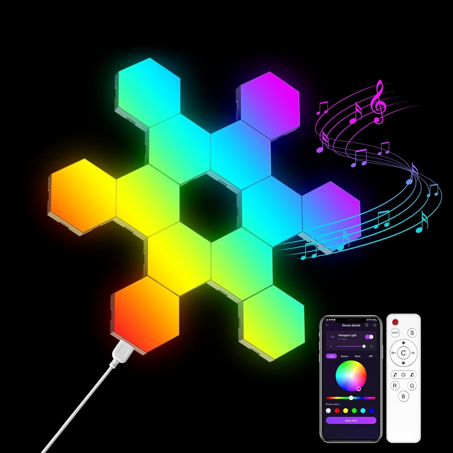 8 Pack Hexagon Lights Wall RGB Panel - Hexagonal Led Lights Room Decor Wall Lights Smart APP Music with Sync Honeycomb Shape Panels Hexagon Gaming Night Lights for Bedroom Children