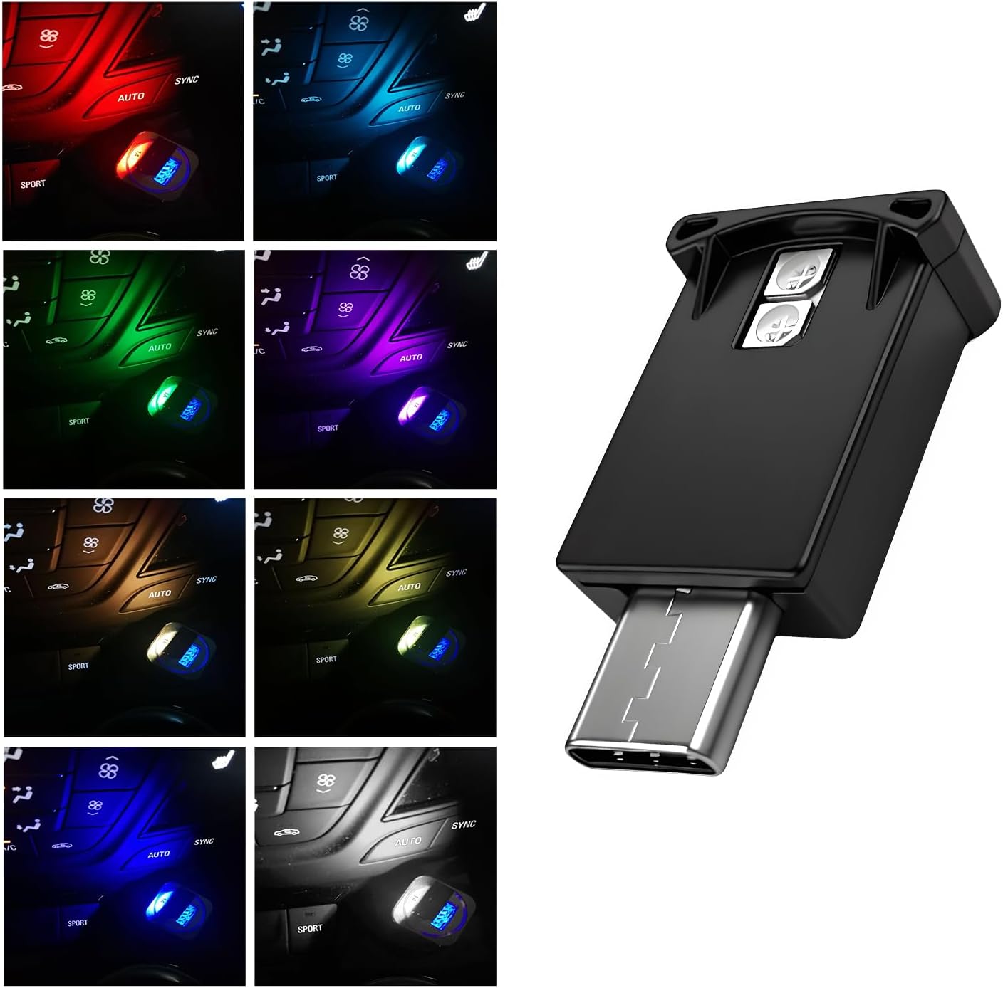 2 PCS USB Type C LED Ambient Light, 8 Colors RGB Car Atmosphere Lamp Adjustable Brightness LED Light, Mini 5V Plug-In Night Lamp Interior Decoration for Vehicle Home Office