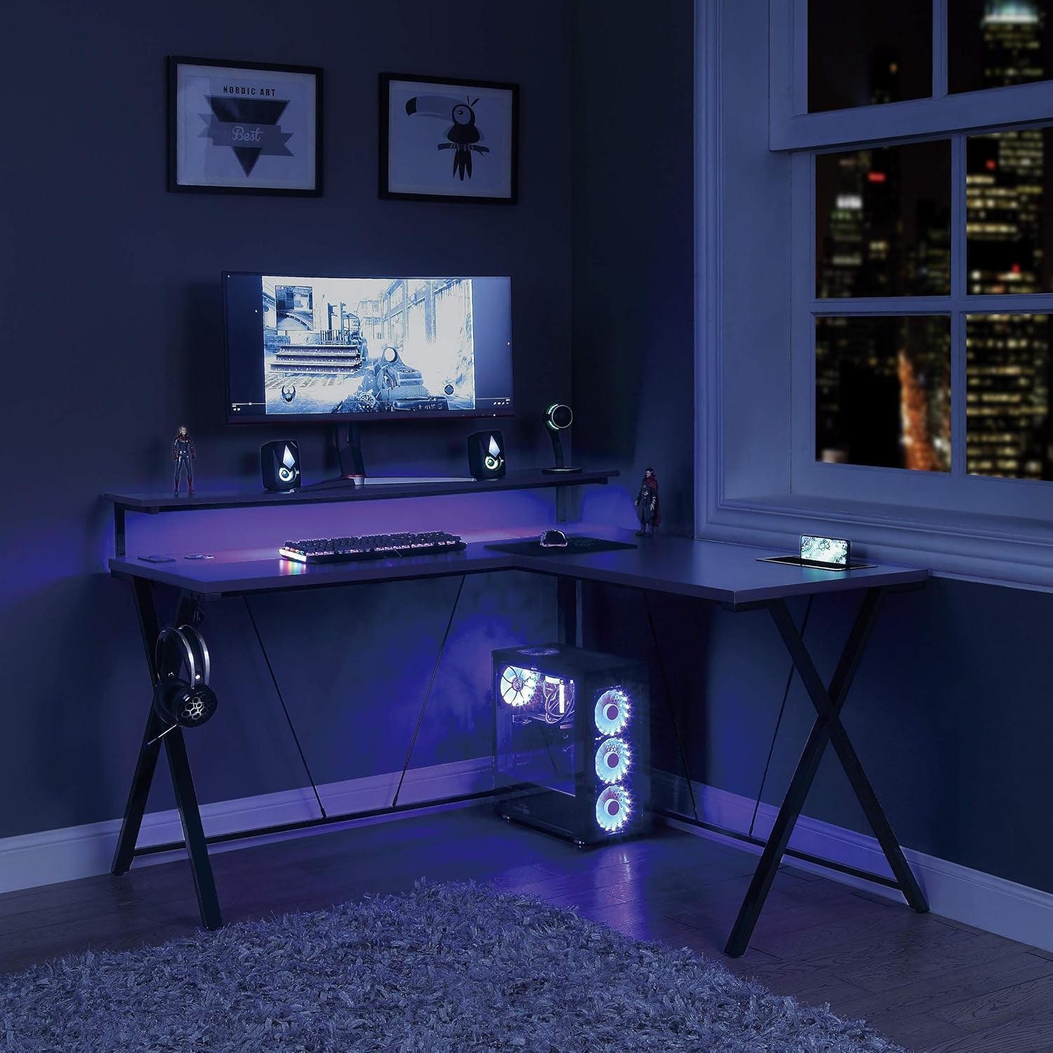 Checkpoint Battlestation L Shaped Gaming Desk with RGB LED Lights, Black
