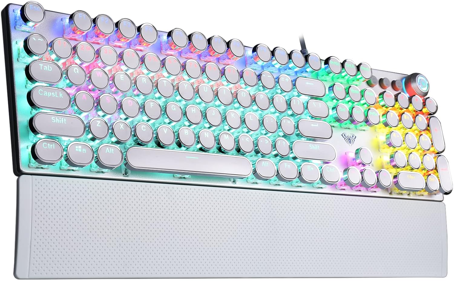 F2088 Typewriter Style Mechanical Gaming Keyboard Blue Switches,Rainbow LED Backlit,Removable Wrist Rest,Media Control Knob,Retro Punk round Keycaps,Usb Wired Computer Keyboard