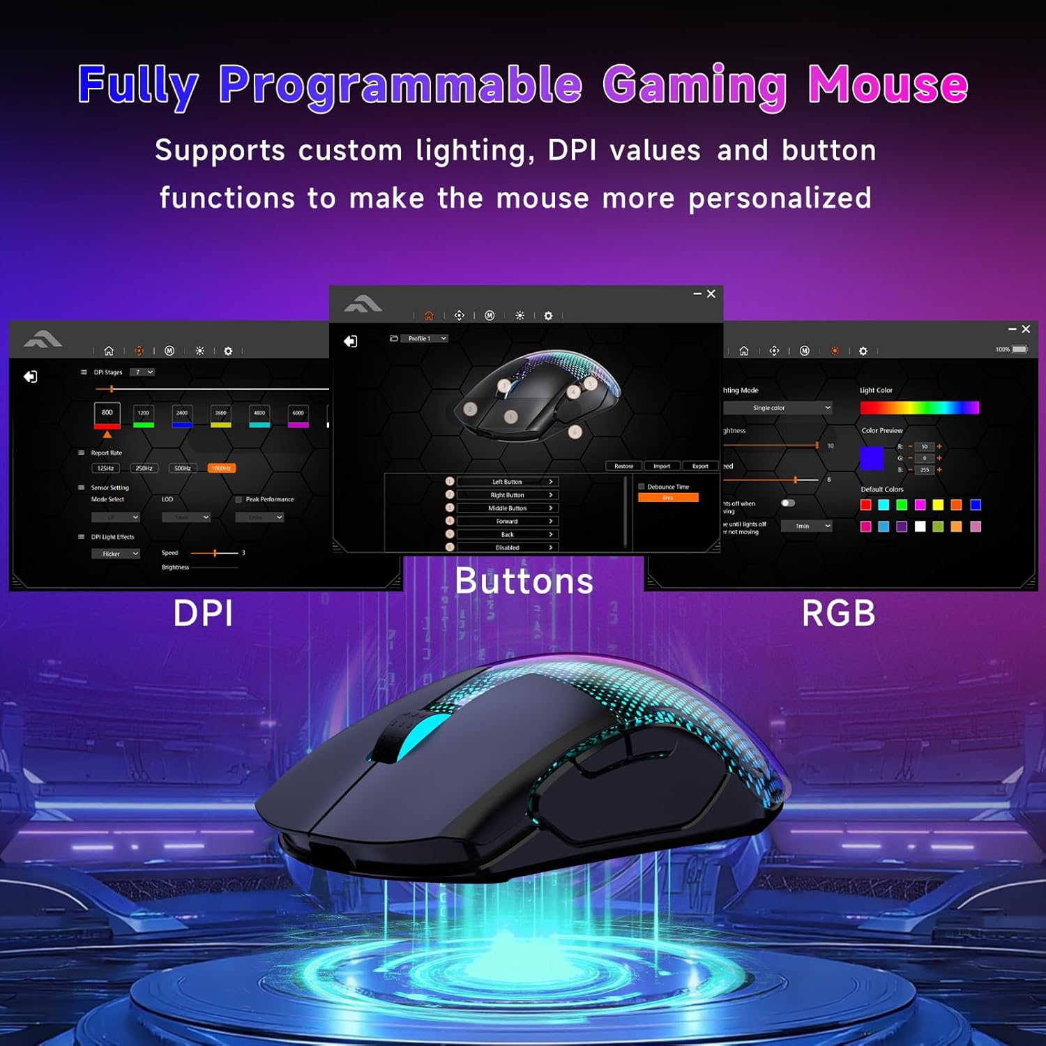 Master02 Wireless Gaming Mouse, 12000 DPI, Tri-Mode 2.4G/Usb-C/Bluetooth 5.3 Gaming Mouse, Python Skin Texture RGB Backlit, 6 Programmable Buttons, 75Hr Battery Life for PC, Mac, PS5, XBOX - Black