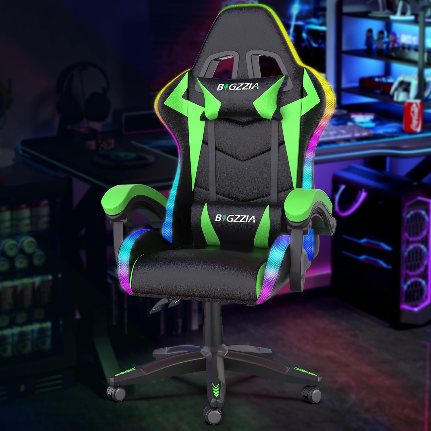 Gaming Chair with RGB LED Lights, High Back Ergonomic Computer Gamer Chair with Headrest and Lumbar Support, Racing Style Reclining Game Chair for Adults, Kids (Black)