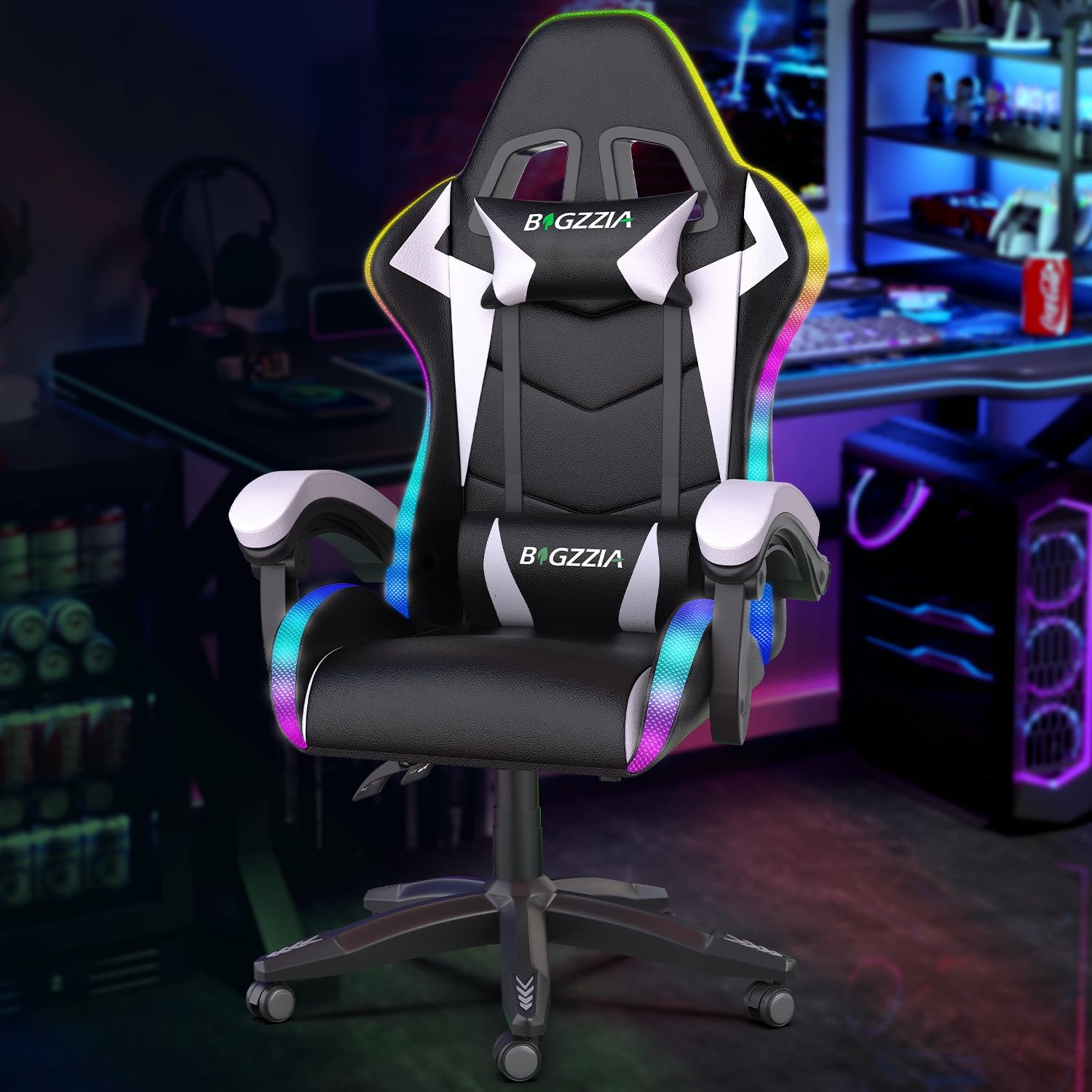 Gaming Chair with RGB LED Lights, High Back Ergonomic Computer Gamer Chair with Headrest and Lumbar Support, Racing Style Reclining Game Chair for Adults, Kids (Black)