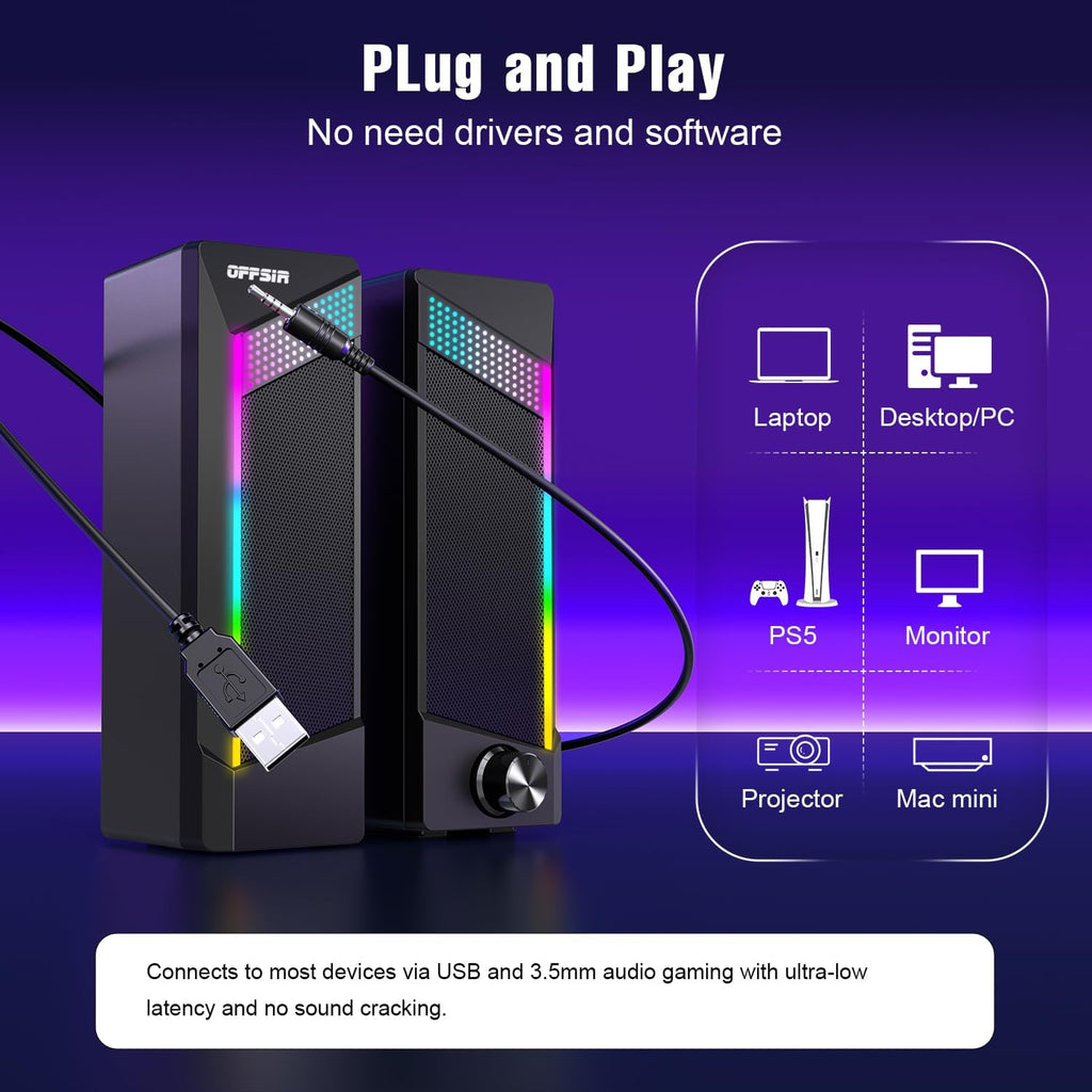 Computer Speakers, 2 in 1 PC Speaker , Gaming Speakers for PC Computer Laptop Desktop Monitor, RGB Speakers with Touch Sensitive Lighting, USB Powered 3.5Mm Aux（Package Only Two Speaker, No Soundbar）