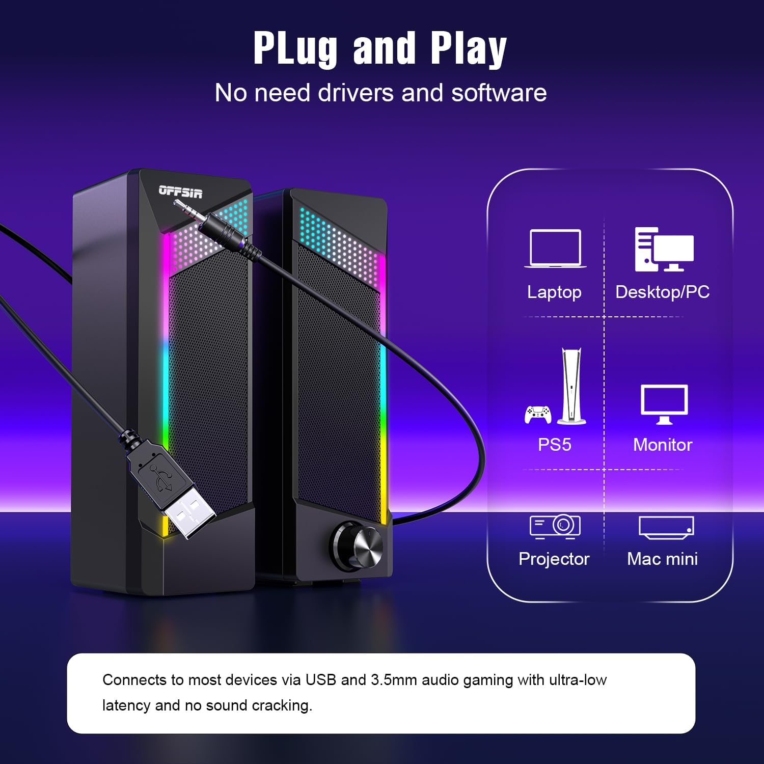 Computer Speakers, 2 in 1 PC Speaker , Gaming Speakers for PC Computer Laptop Desktop Monitor, RGB Speakers with Touch Sensitive Lighting, USB Powered 3.5Mm Aux（Package Only Two Speaker, No Soundbar）