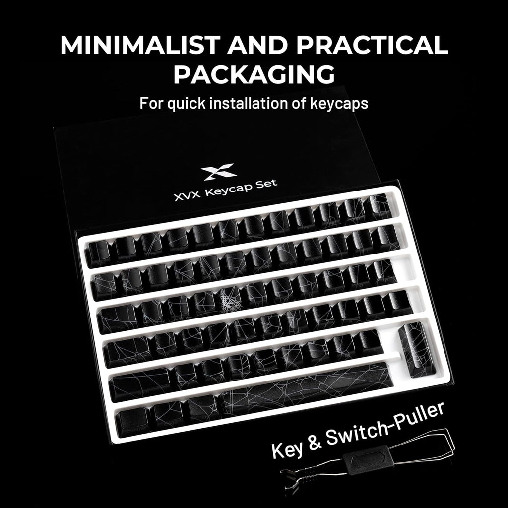 X XVX Spider Web Keycaps 60 75 100 Percent - Shine through Keycaps W/Imd Tech, for Mechanical Keyboards, Full 118 Key Set, OEM Profile, Lines Backlit, Side Printed - Black