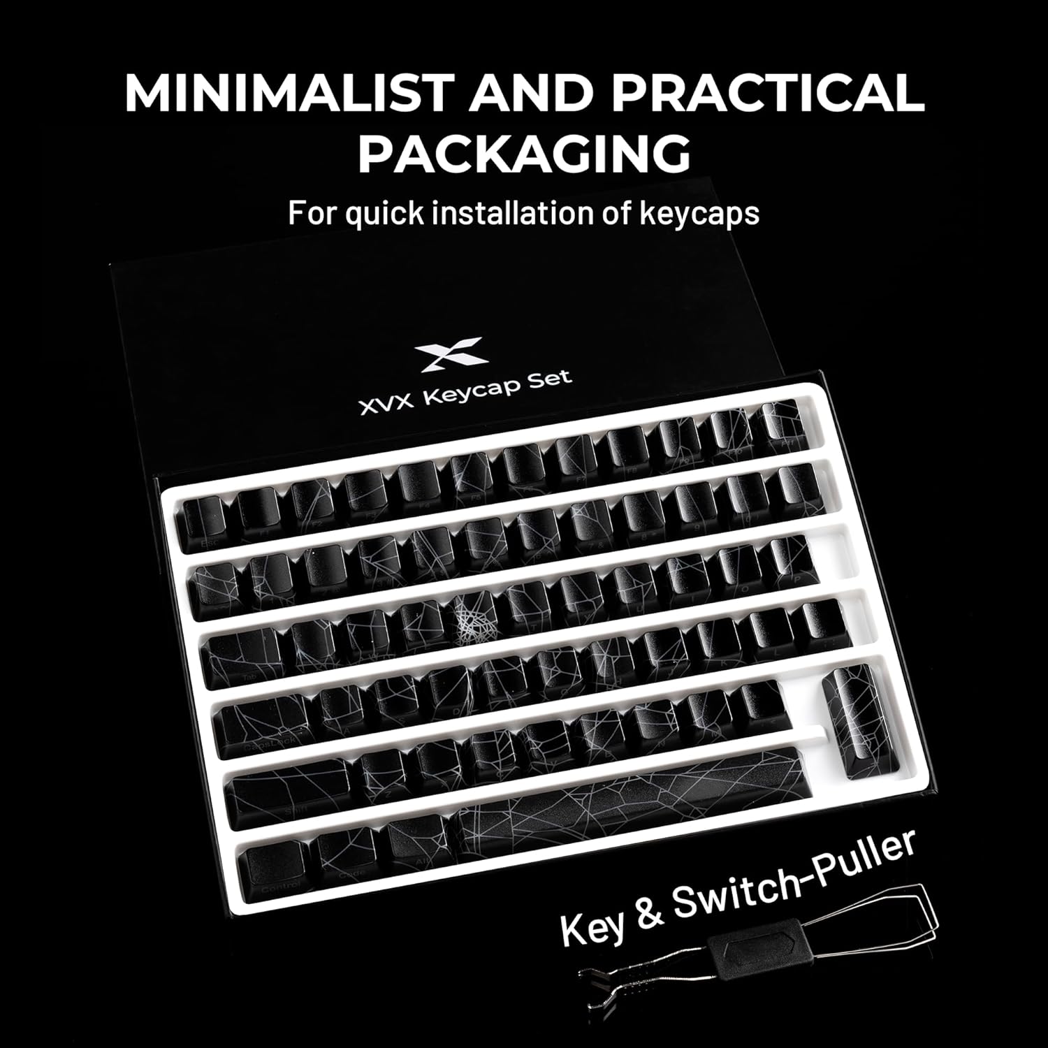 X XVX Spider Web Keycaps 60 75 100 Percent - Shine through Keycaps W/Imd Tech, for Mechanical Keyboards, Full 118 Key Set, OEM Profile, Lines Backlit, Side Printed - Black