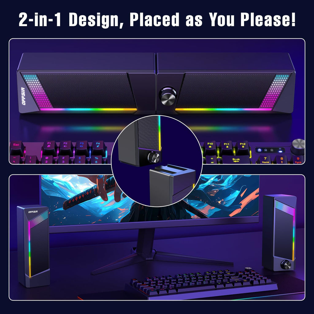 Computer Speakers, 2 in 1 PC Speaker , Gaming Speakers for PC Computer Laptop Desktop Monitor, RGB Speakers with Touch Sensitive Lighting, USB Powered 3.5Mm Aux（Package Only Two Speaker, No Soundbar）