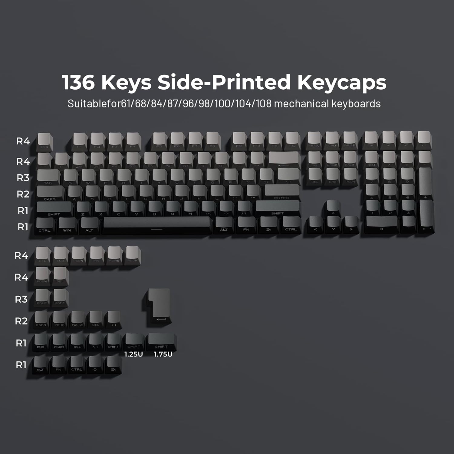 XVX PBT Keycaps - Side Printed Keycaps 60 65 75 100 Percent, Double Shot Shine through Custom Key Caps, Gradient Gray 136 Keys Set, OEM Profile, Minimalist Style for Cherry Gateron MX Switche Keyboard