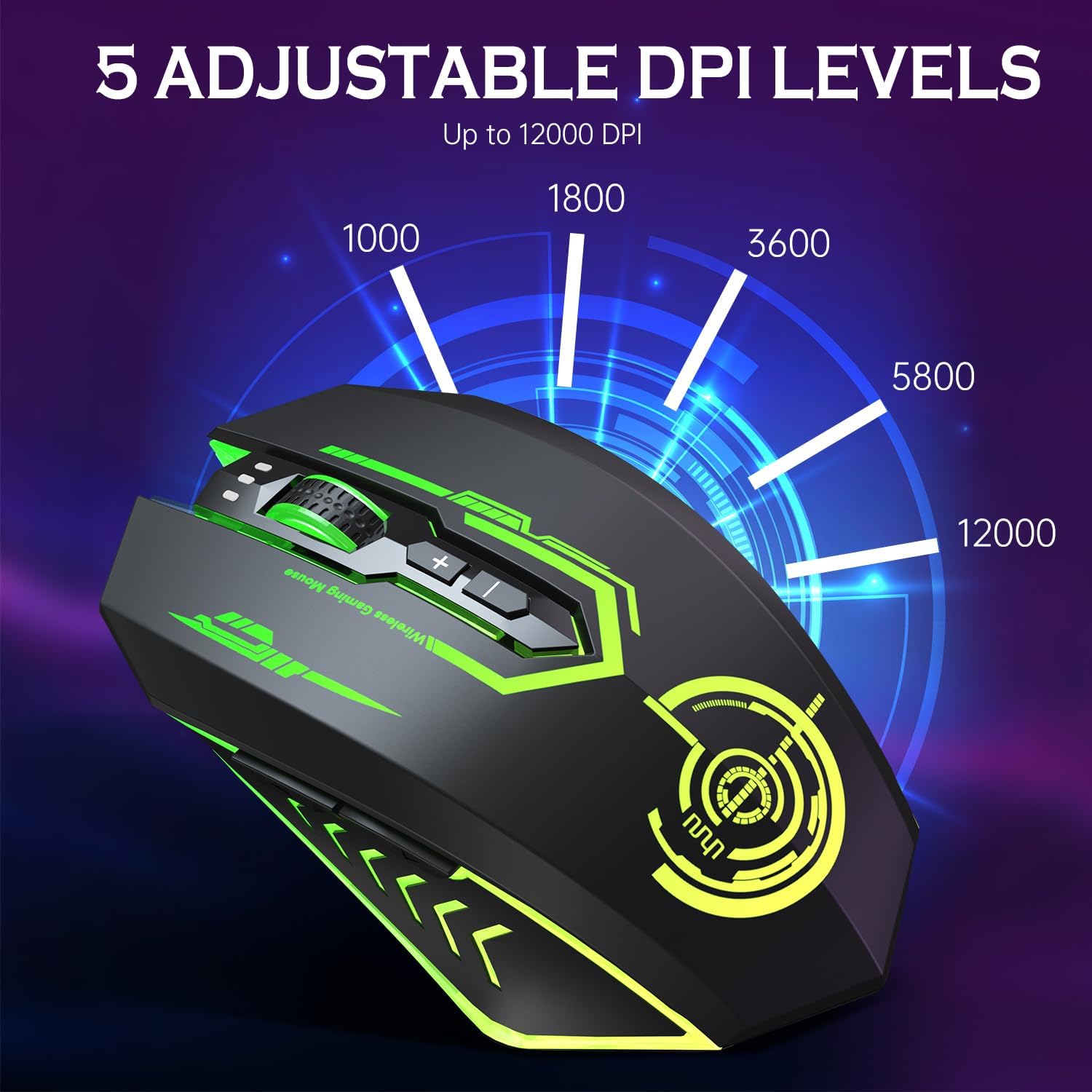 Wireless Gaming Mouse up to 12000 DPI, Rechargeable USB-C Wireless Mouse with 7 Buttons 7 Dynamic LED Color Ergonomic Programmable MMO RPG for PC Laptop, Compatible with Windows Mac