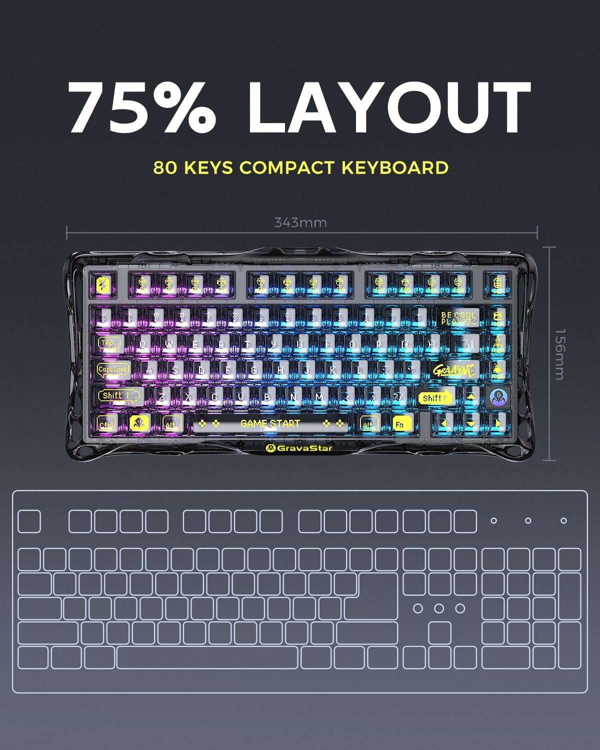 Mercury K1 Lite 75% Gaming Keyboard, 2.4Ghz/Bt/Wired Tri-Mode Wireless Keyboard, Gasket Hot Swappable Mechanical Keyboard, Pre-Lubed Linear Switches, RGB Backlit (Transparent Black)
