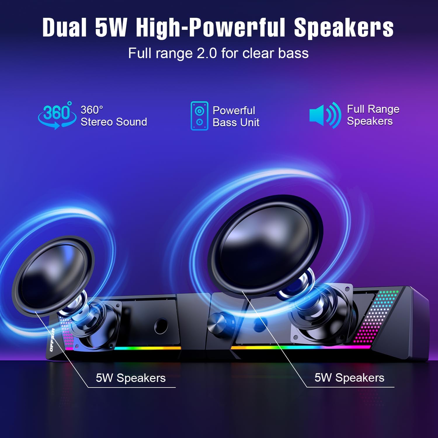 Computer Speakers, 2 in 1 PC Speaker , Gaming Speakers for PC Computer Laptop Desktop Monitor, RGB Speakers with Touch Sensitive Lighting, USB Powered 3.5Mm Aux（Package Only Two Speaker, No Soundbar）