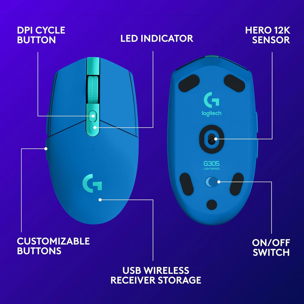 305 LIGHTSPEED Wireless Gaming Mouse, Hero 12K Sensor, 12,000 DPI, Lightweight, 6 Programmable Buttons, 250H Battery Life, On-Board Memory, Pc/Mac - Blue