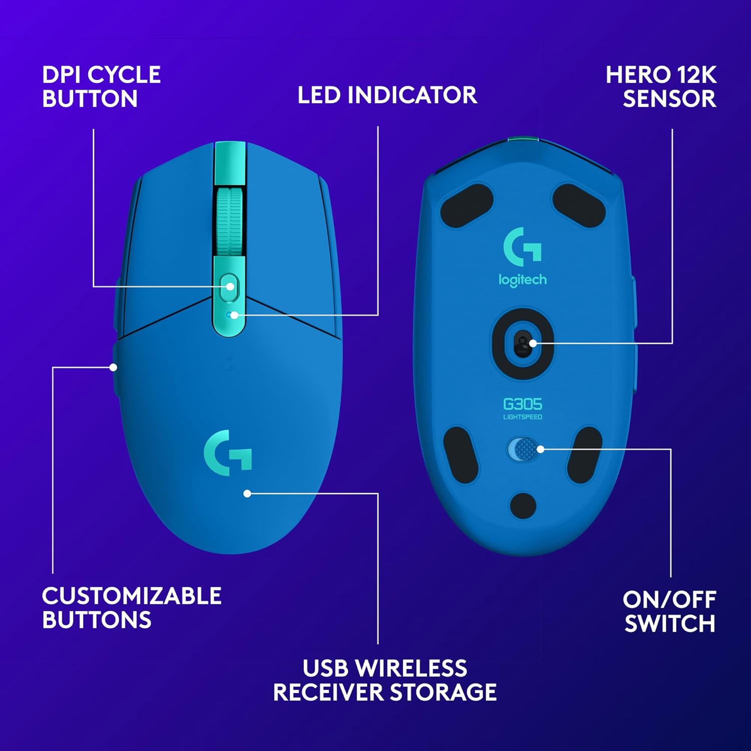 305 LIGHTSPEED Wireless Gaming Mouse, Hero 12K Sensor, 12,000 DPI, Lightweight, 6 Programmable Buttons, 250H Battery Life, On-Board Memory, Pc/Mac - Blue