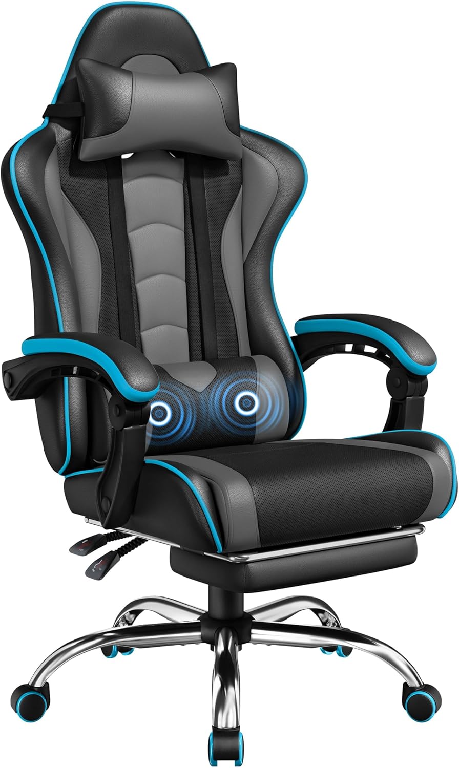 Gaming Chair, Video Game Chair with Massage Lumbar Support and Footrest Height Adjustable Ergonomic Computer Gaming Chair with Swivel Seat and Headrest, Black/White