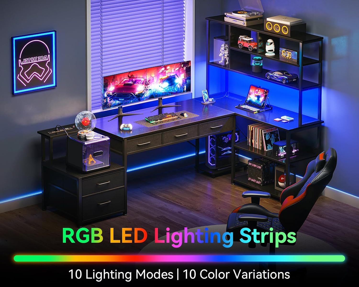 79 Inch L Shaped Desk with 5 Drawers, Reversible L Shaped Gaming Desk with LED Light & 2 Power Outlets, Computer Desk with Storage Shelves for Home Office, Black