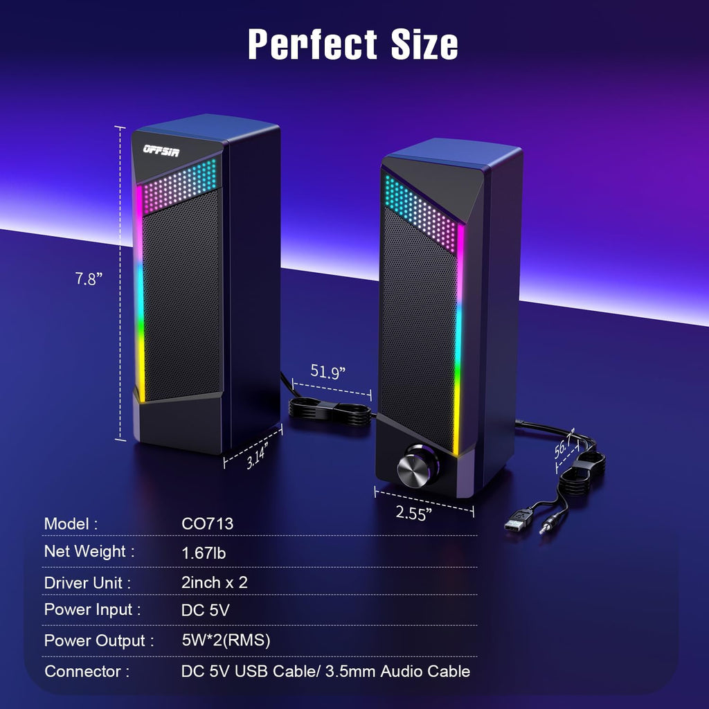 Computer Speakers, 2 in 1 PC Speaker , Gaming Speakers for PC Computer Laptop Desktop Monitor, RGB Speakers with Touch Sensitive Lighting, USB Powered 3.5Mm Aux（Package Only Two Speaker, No Soundbar）