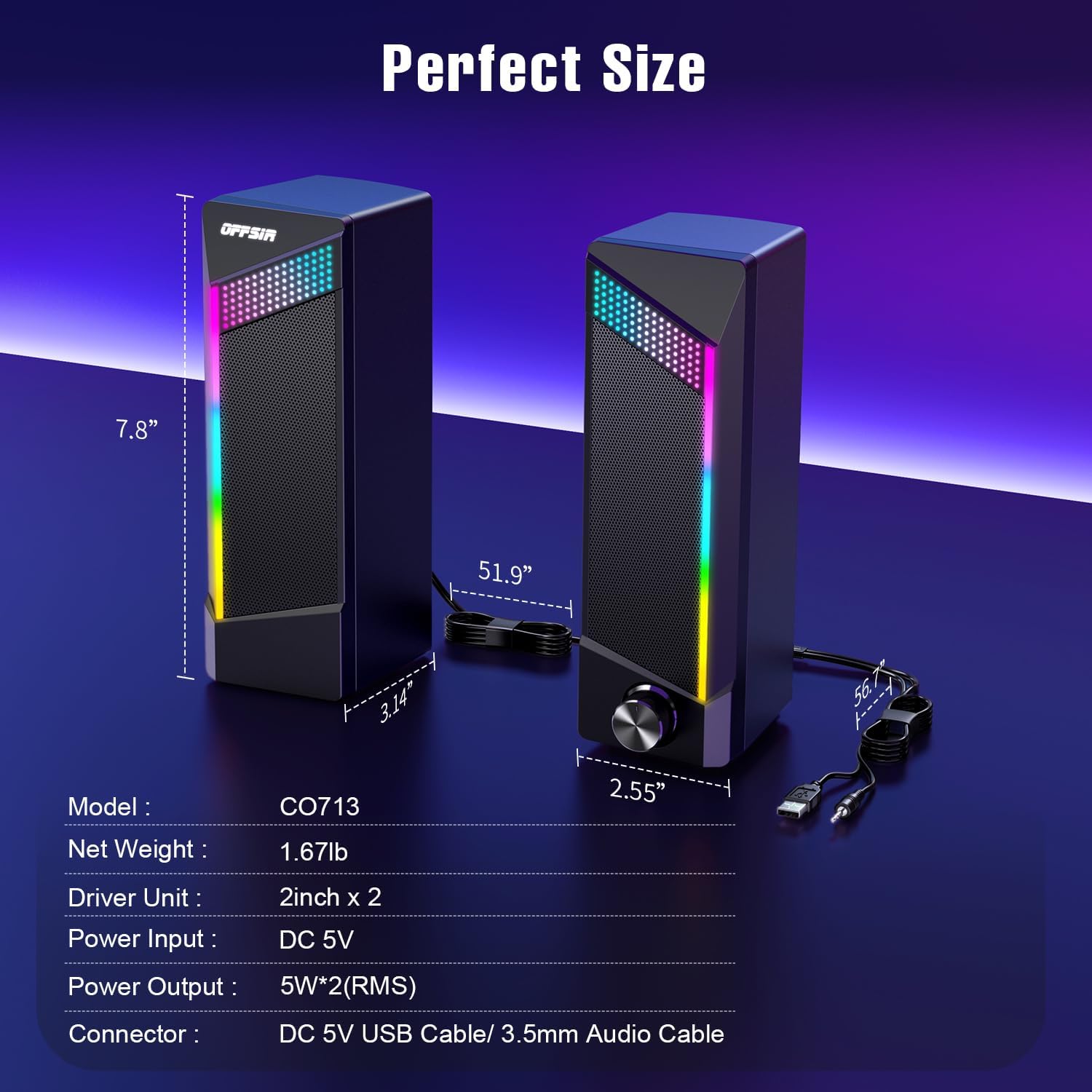 Computer Speakers, 2 in 1 PC Speaker , Gaming Speakers for PC Computer Laptop Desktop Monitor, RGB Speakers with Touch Sensitive Lighting, USB Powered 3.5Mm Aux（Package Only Two Speaker, No Soundbar）