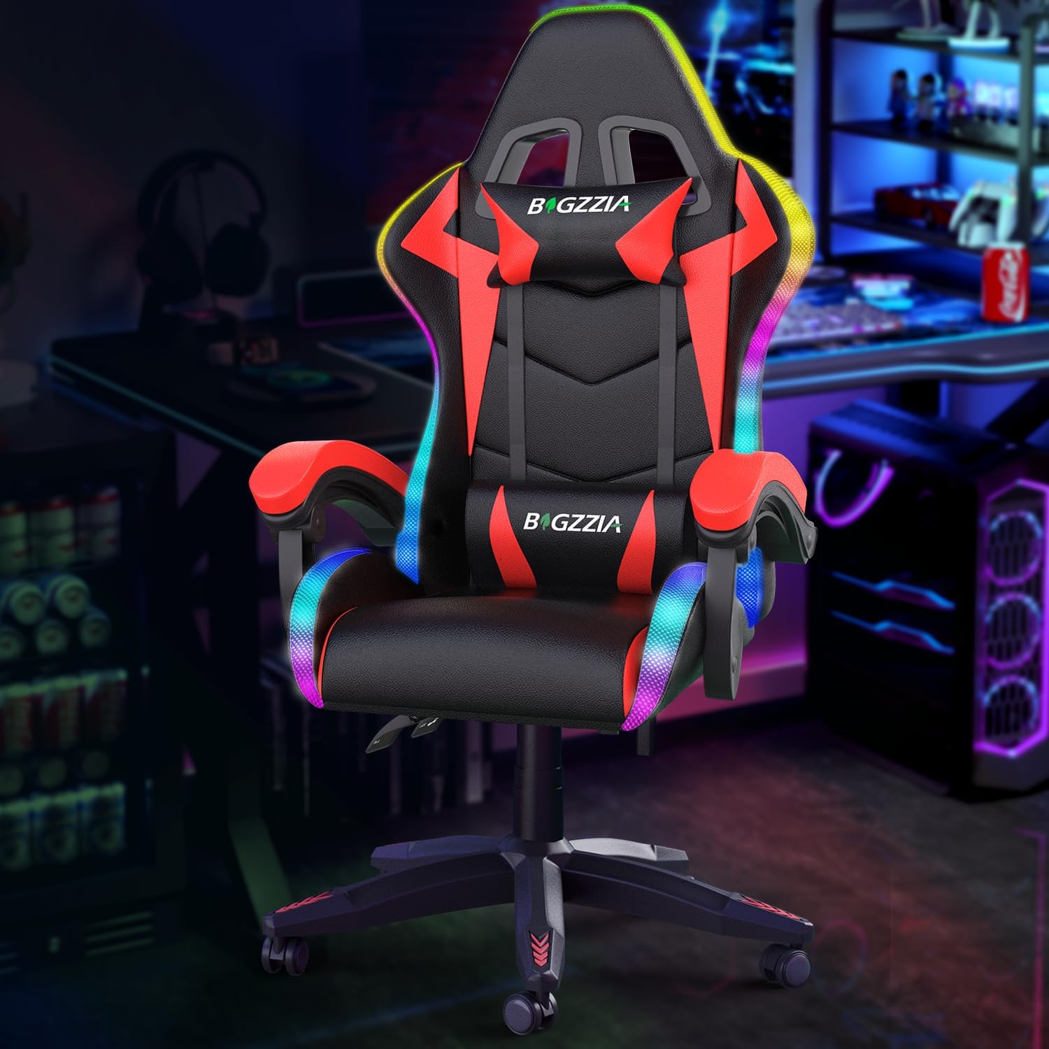 Gaming Chair with RGB LED Lights, High Back Ergonomic Computer Gamer Chair with Headrest and Lumbar Support, Racing Style Reclining Game Chair for Adults, Kids (Black)