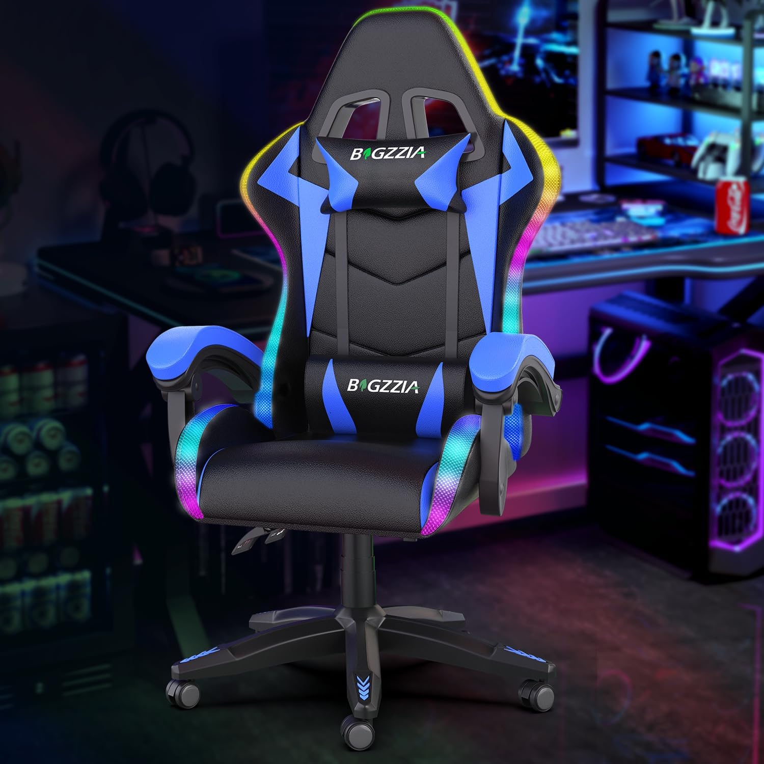 Gaming Chair with RGB LED Lights, High Back Ergonomic Computer Gamer Chair with Headrest and Lumbar Support, Racing Style Reclining Game Chair for Adults, Kids (Black)