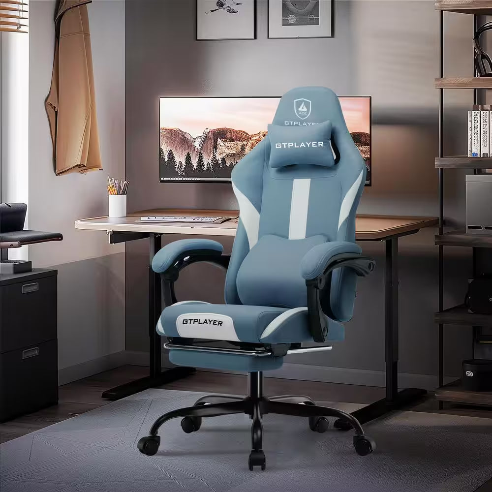 Gaming Chair Fabric Computer Chair with Foot Rest and Pocket Spring Cushion Ergonomic Computer Desk Chair, Blue