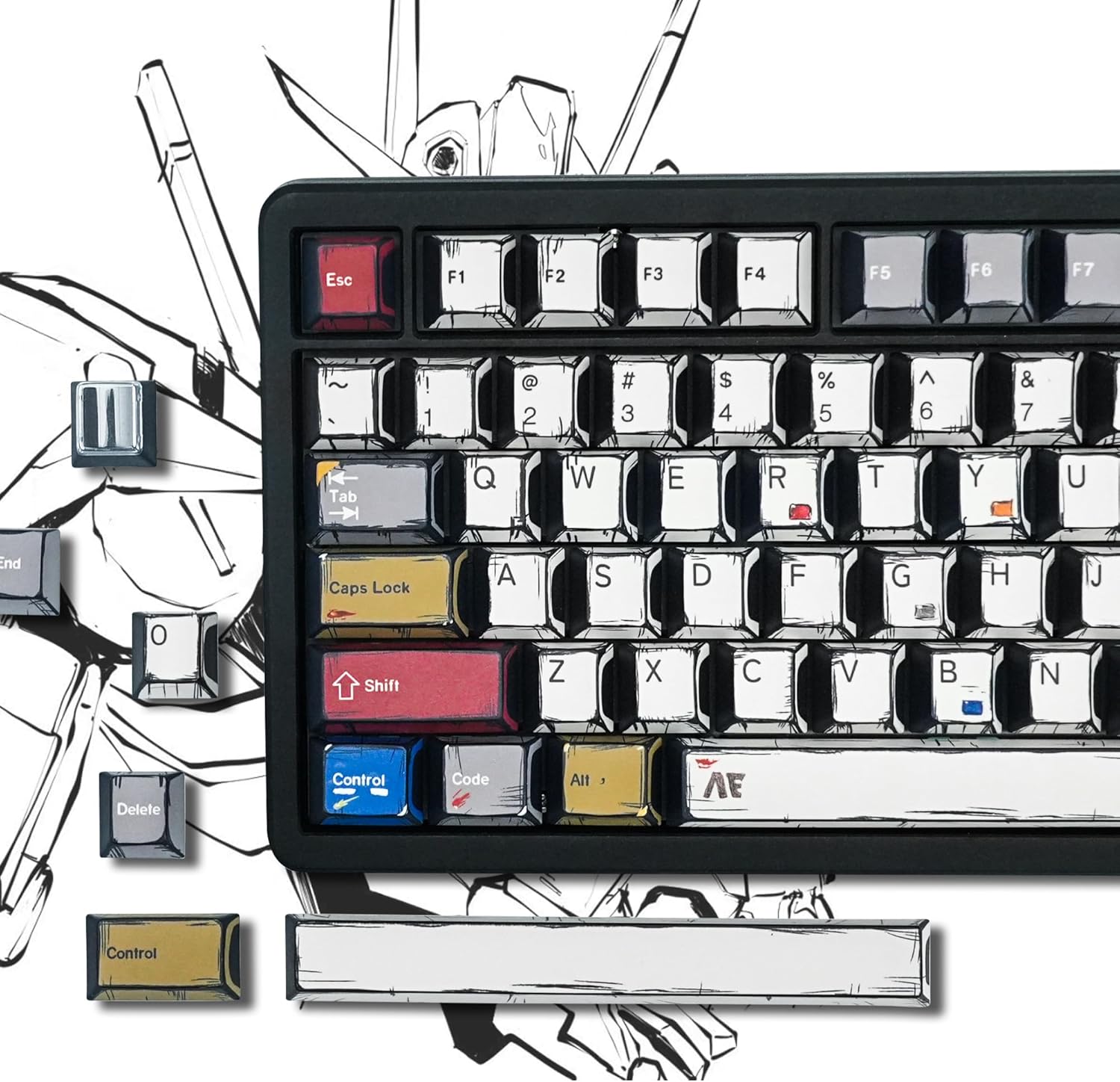 Retro Anime PBT Keycaps-Cherry Keycaps, Custom Keyboard Key Caps 60 65 75 100 Percent, 5 Side Dye Sublimation 141 Keys Set for Cherry Gateron MX Switches Keyboards, White (Shine through Manga)