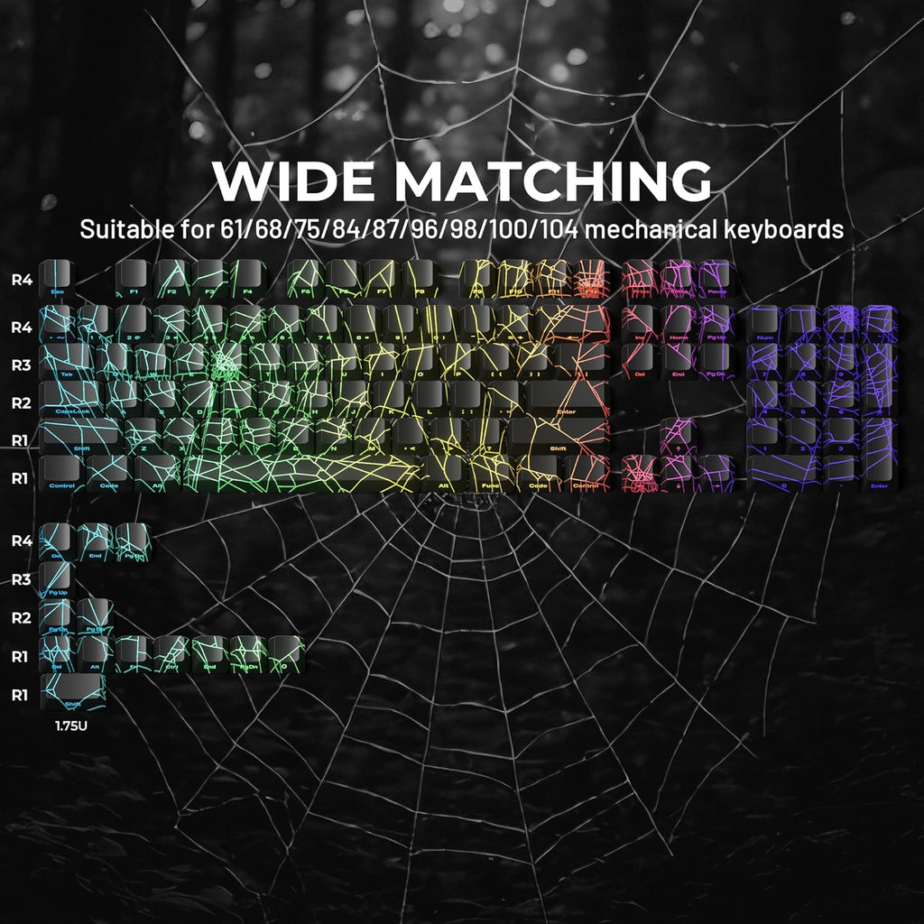 X XVX Spider Web Keycaps 60 75 100 Percent - Shine through Keycaps W/Imd Tech, for Mechanical Keyboards, Full 118 Key Set, OEM Profile, Lines Backlit, Side Printed - Black