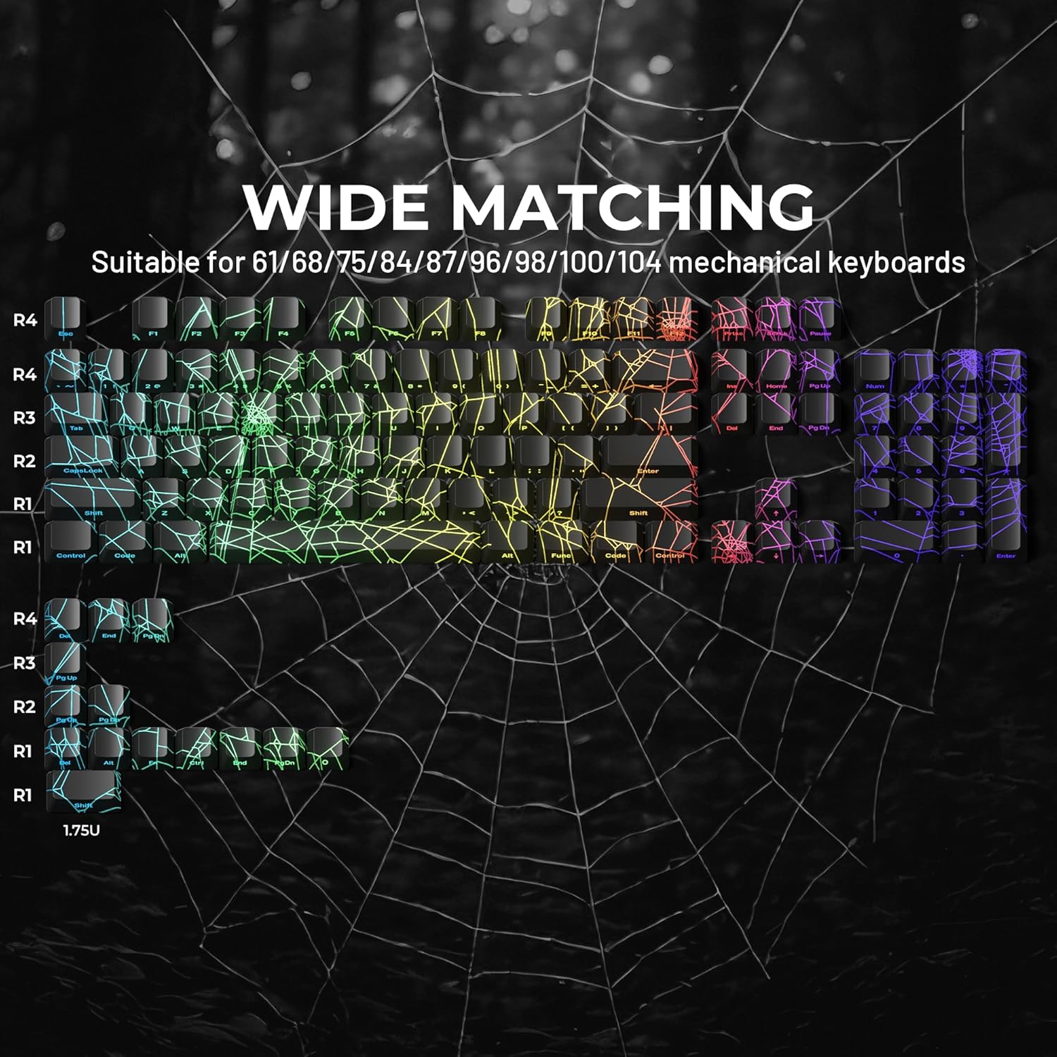 X XVX Spider Web Keycaps 60 75 100 Percent - Shine through Keycaps W/Imd Tech, for Mechanical Keyboards, Full 118 Key Set, OEM Profile, Lines Backlit, Side Printed - Black