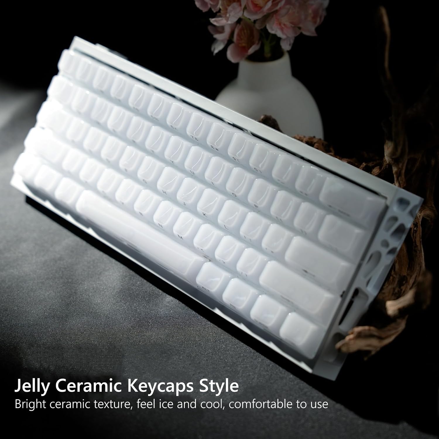 Keyboard Keycaps Jelly - Ceramic Keycaps Style, Clear White Key Cap, Transparent Side Printed Custom 60 65 75 100 Percent for Cherry MX, Outemu, Gateron Mechanical Keyboards(Mda Profile)
