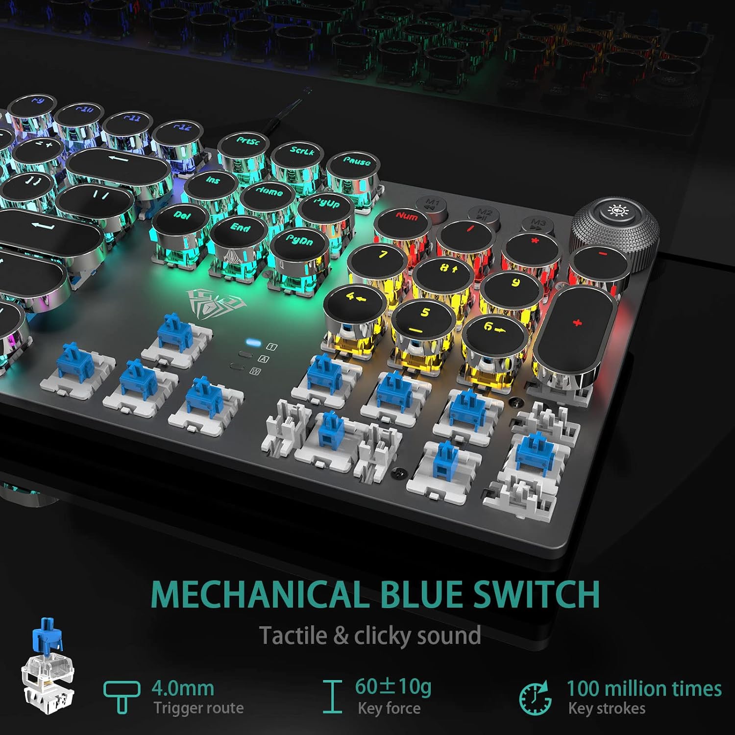 F2088 Typewriter Style Mechanical Gaming Keyboard Blue Switches,Rainbow LED Backlit,Removable Wrist Rest,Media Control Knob,Retro Punk round Keycaps,Usb Wired Computer Keyboard