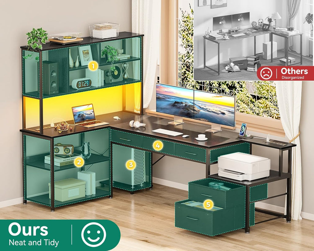 79 Inch L Shaped Desk with 5 Drawers, Reversible L Shaped Gaming Desk with LED Light & 2 Power Outlets, Computer Desk with Storage Shelves for Home Office, Black