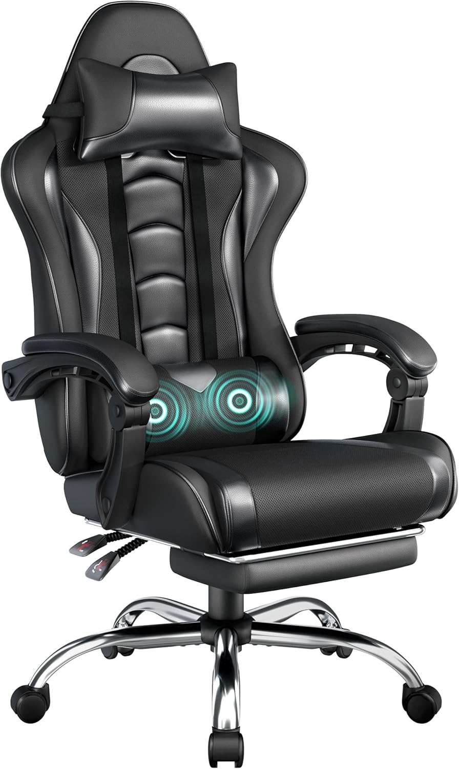 Gaming Chair, Video Game Chair with Massage Lumbar Support and Footrest Height Adjustable Ergonomic Computer Gaming Chair with Swivel Seat and Headrest, Black/White