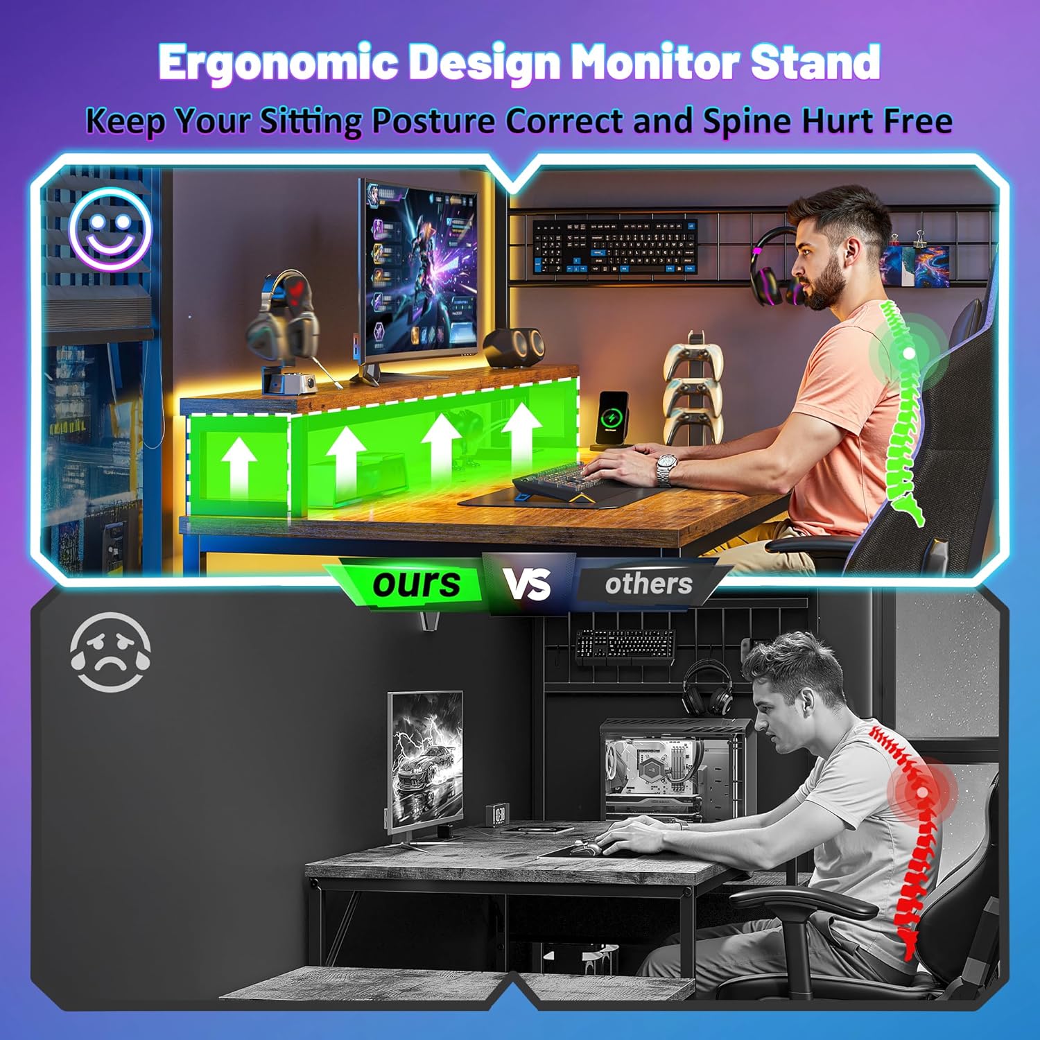 Gaming Desk with Shelves & Hooks, 63.5" L Shaped Computer Desk with Monitor Stand & Power Outlets & LED Lights and Printer Space for Home Office, Bedroom, Rustic Brown