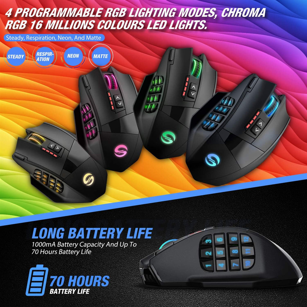 Venus Pro RGB Wireless MMO Gaming Mouse, 16,000 DPI Optical Sensor, 2.4 Ghz Transmission Technology, Ergonomic Design, 16M Chroma RGB Lighting, 16 Programmable Buttons, up to 70 Hours