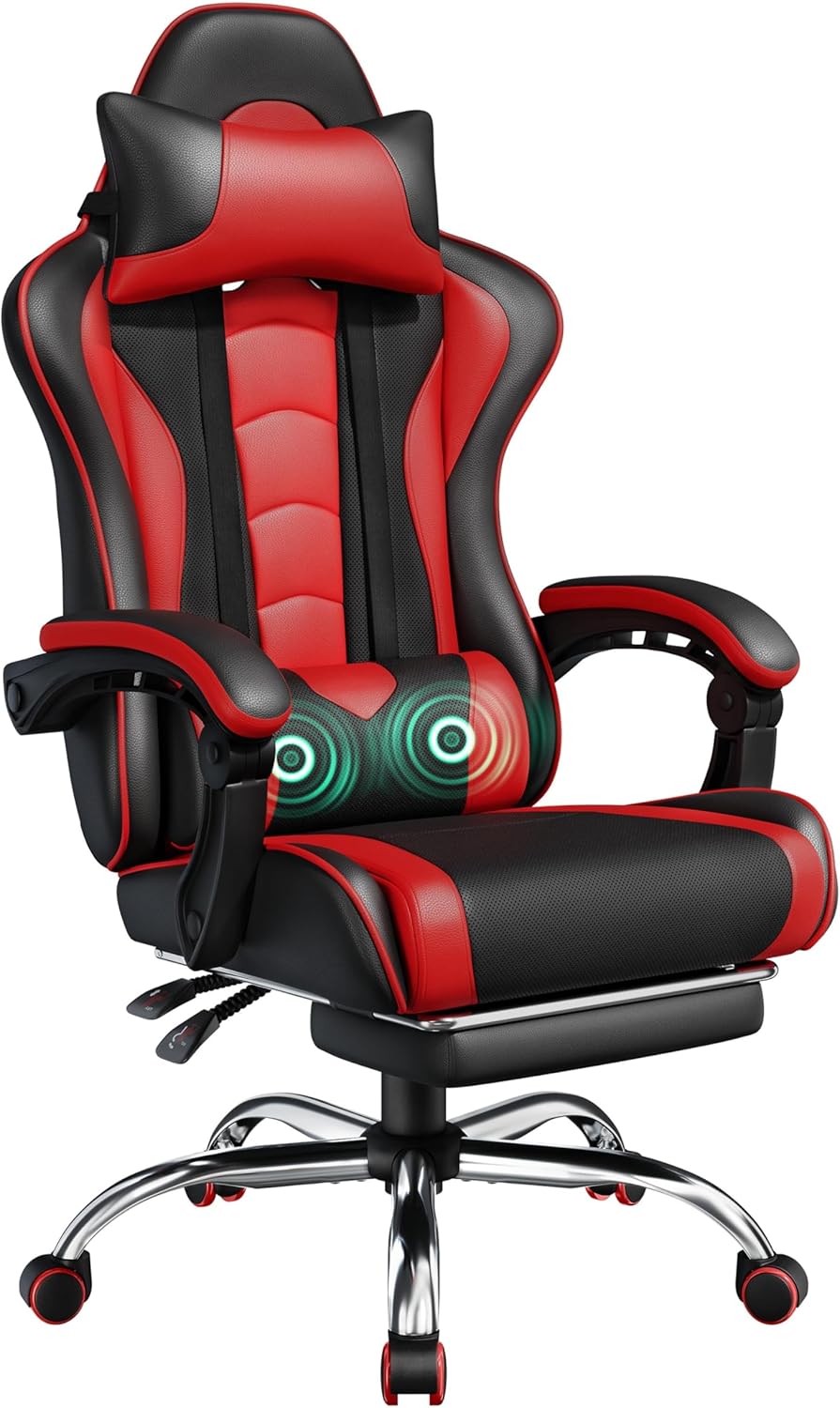 Gaming Chair, Video Game Chair with Massage Lumbar Support and Footrest Height Adjustable Ergonomic Computer Gaming Chair with Swivel Seat and Headrest, Black/White