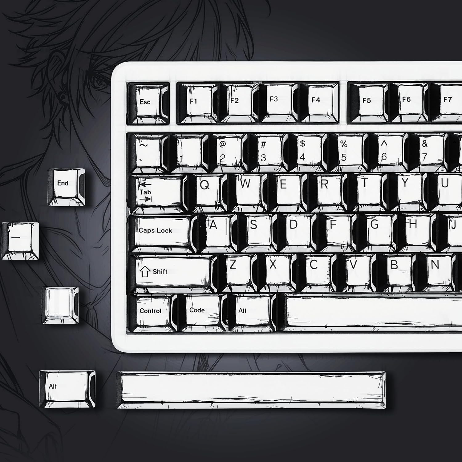 Retro Anime PBT Keycaps-Cherry Keycaps, Custom Keyboard Key Caps 60 65 75 100 Percent, 5 Side Dye Sublimation 141 Keys Set for Cherry Gateron MX Switches Keyboards, White (Shine through Manga)