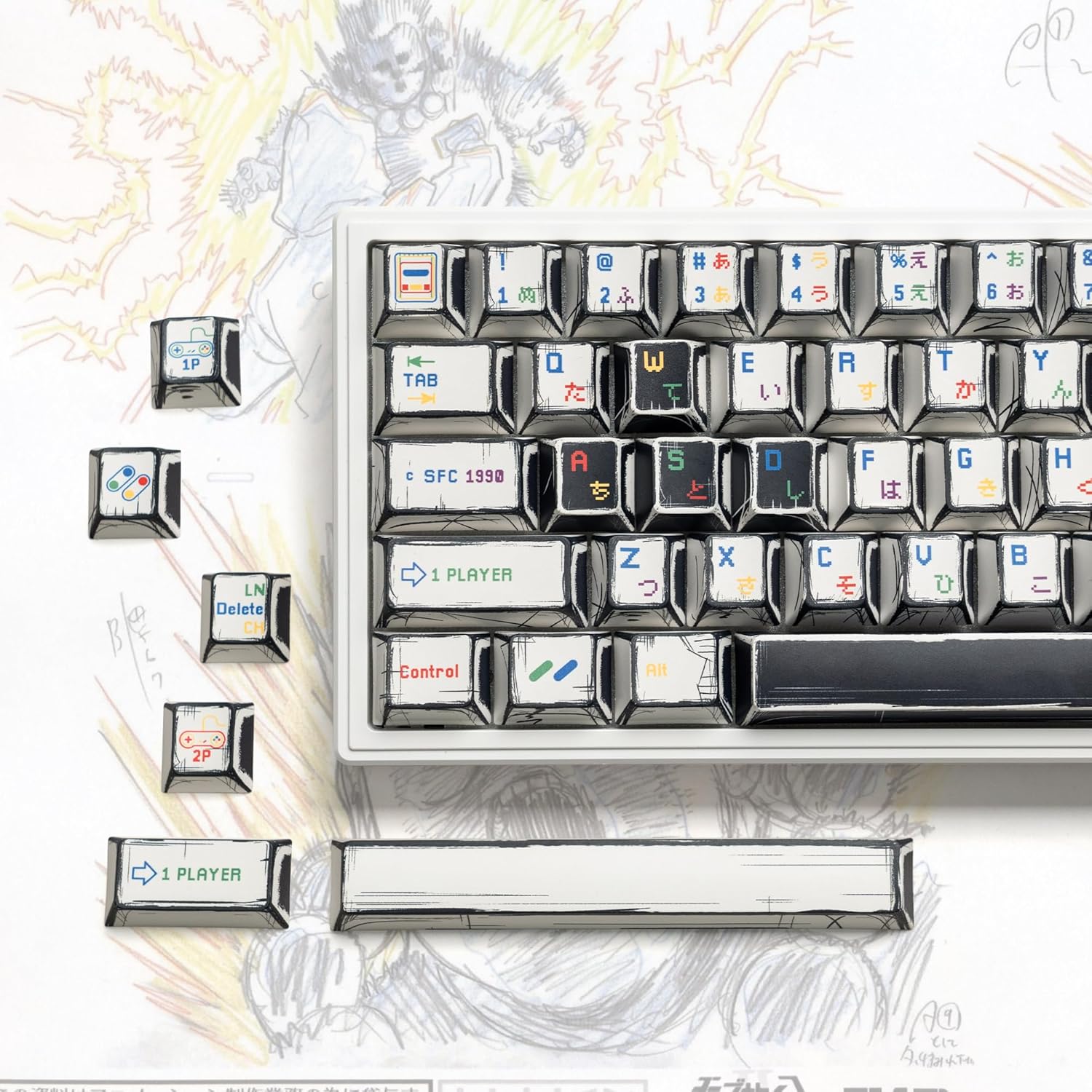 Retro Anime PBT Keycaps-Cherry Keycaps, Custom Keyboard Key Caps 60 65 75 100 Percent, 5 Side Dye Sublimation 141 Keys Set for Cherry Gateron MX Switches Keyboards, White (Shine through Manga)