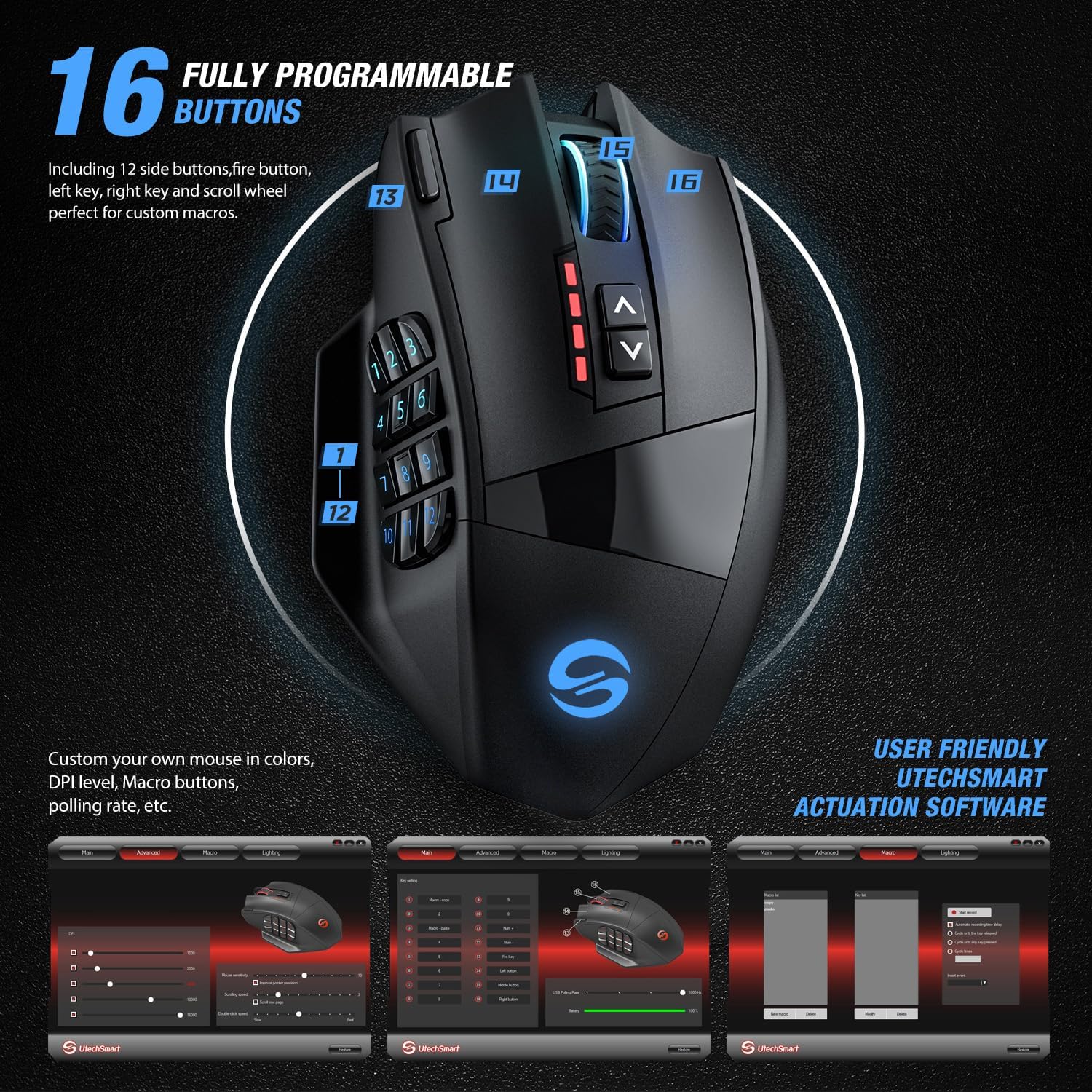 Venus Pro RGB Wireless MMO Gaming Mouse, 16,000 DPI Optical Sensor, 2.4 Ghz Transmission Technology, Ergonomic Design, 16M Chroma RGB Lighting, 16 Programmable Buttons, up to 70 Hours