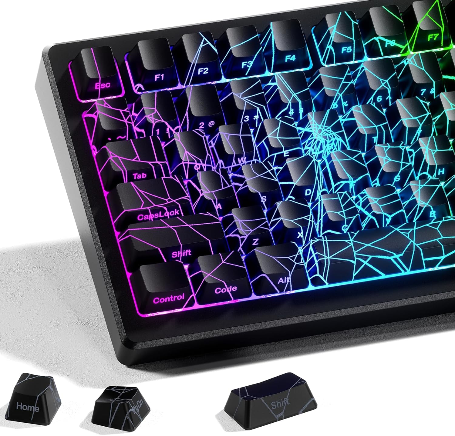 X XVX Spider Web Keycaps 60 75 100 Percent - Shine through Keycaps W/Imd Tech, for Mechanical Keyboards, Full 118 Key Set, OEM Profile, Lines Backlit, Side Printed - Black