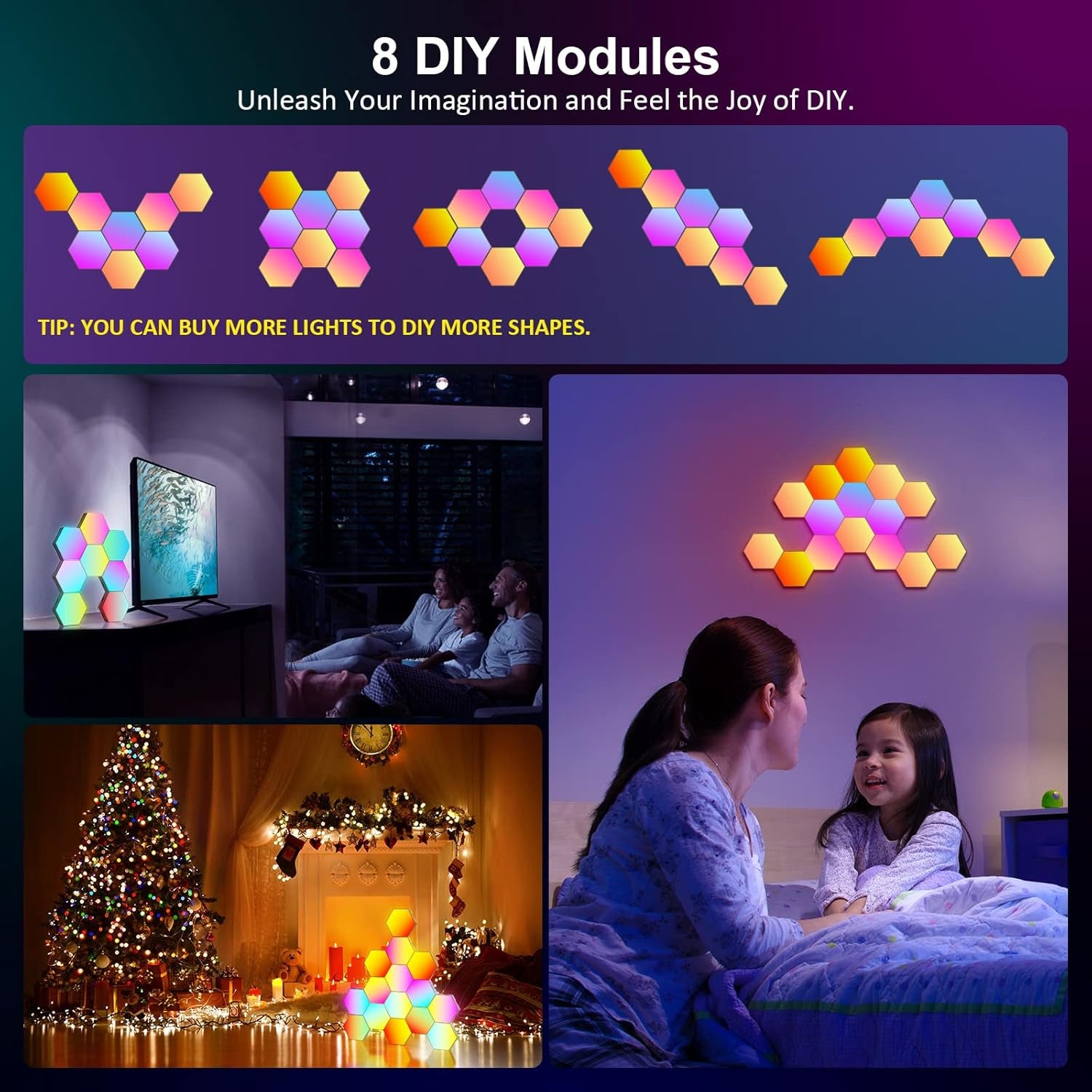 8 Pack Hexagon Lights Wall RGB Panel - Hexagonal Led Lights Room Decor Wall Lights Smart APP Music with Sync Honeycomb Shape Panels Hexagon Gaming Night Lights for Bedroom Children