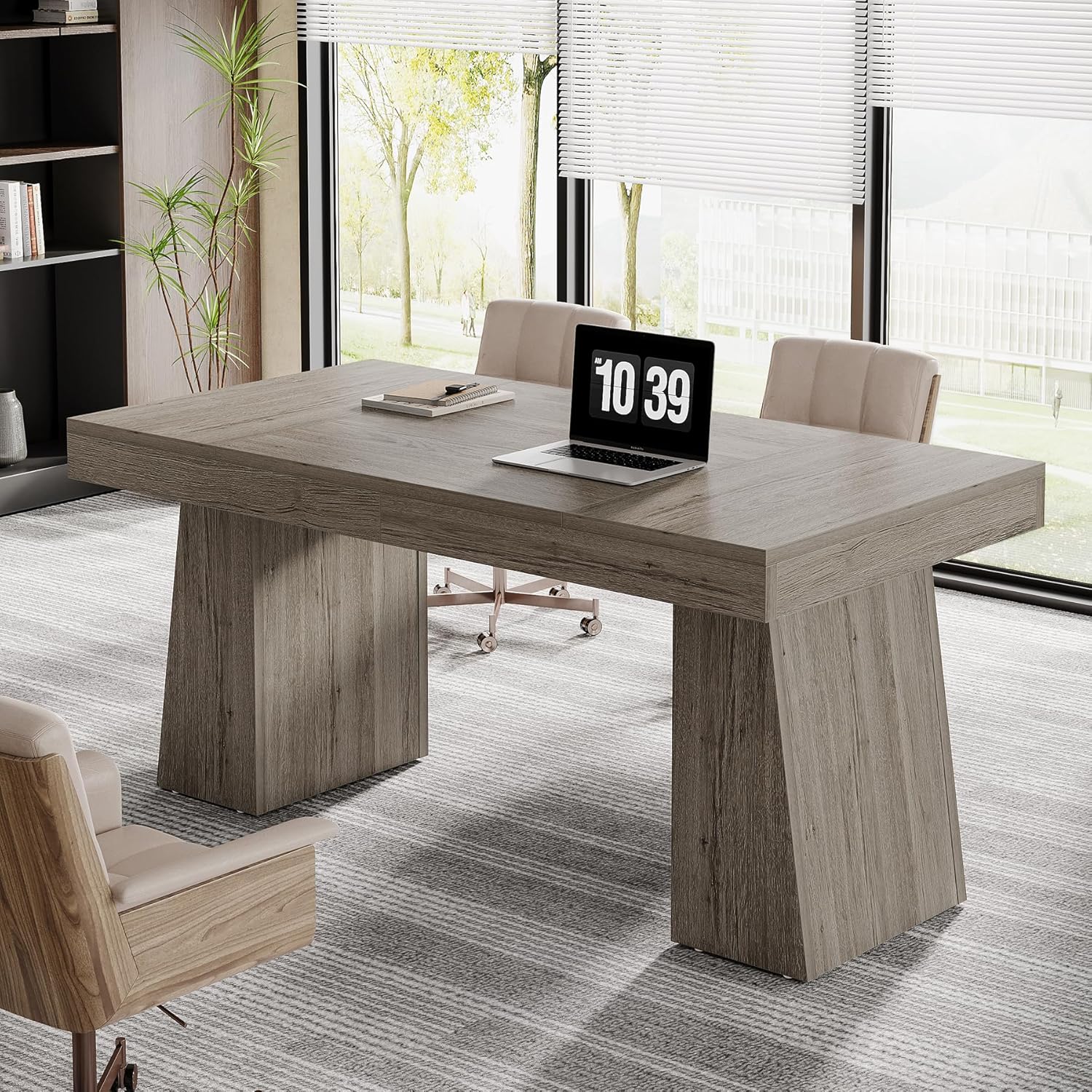 55 Inches Executive Desk, Mid-Century Modern Home Office Desk, Wood Computer Desk Business Workstation Desk Small Conference Table, Black