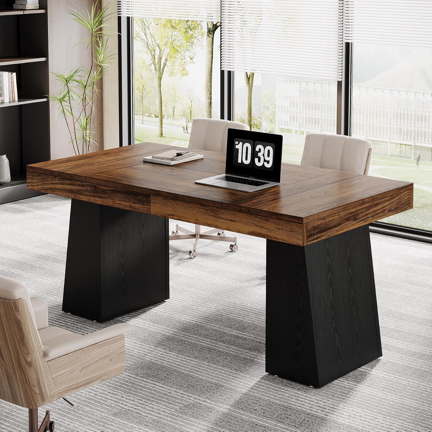 55 Inches Executive Desk, Mid-Century Modern Home Office Desk, Wood Computer Desk Business Workstation Desk Small Conference Table, Black