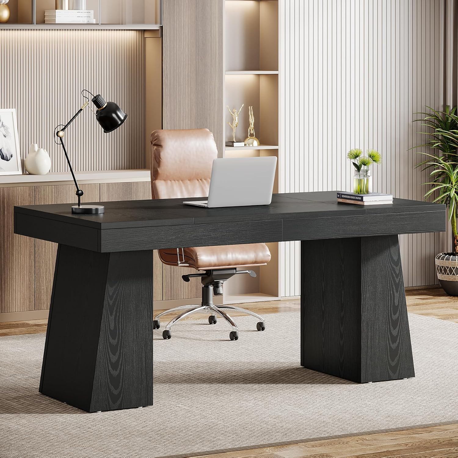 55 Inches Executive Desk, Mid-Century Modern Home Office Desk, Wood Computer Desk Business Workstation Desk Small Conference Table, Black