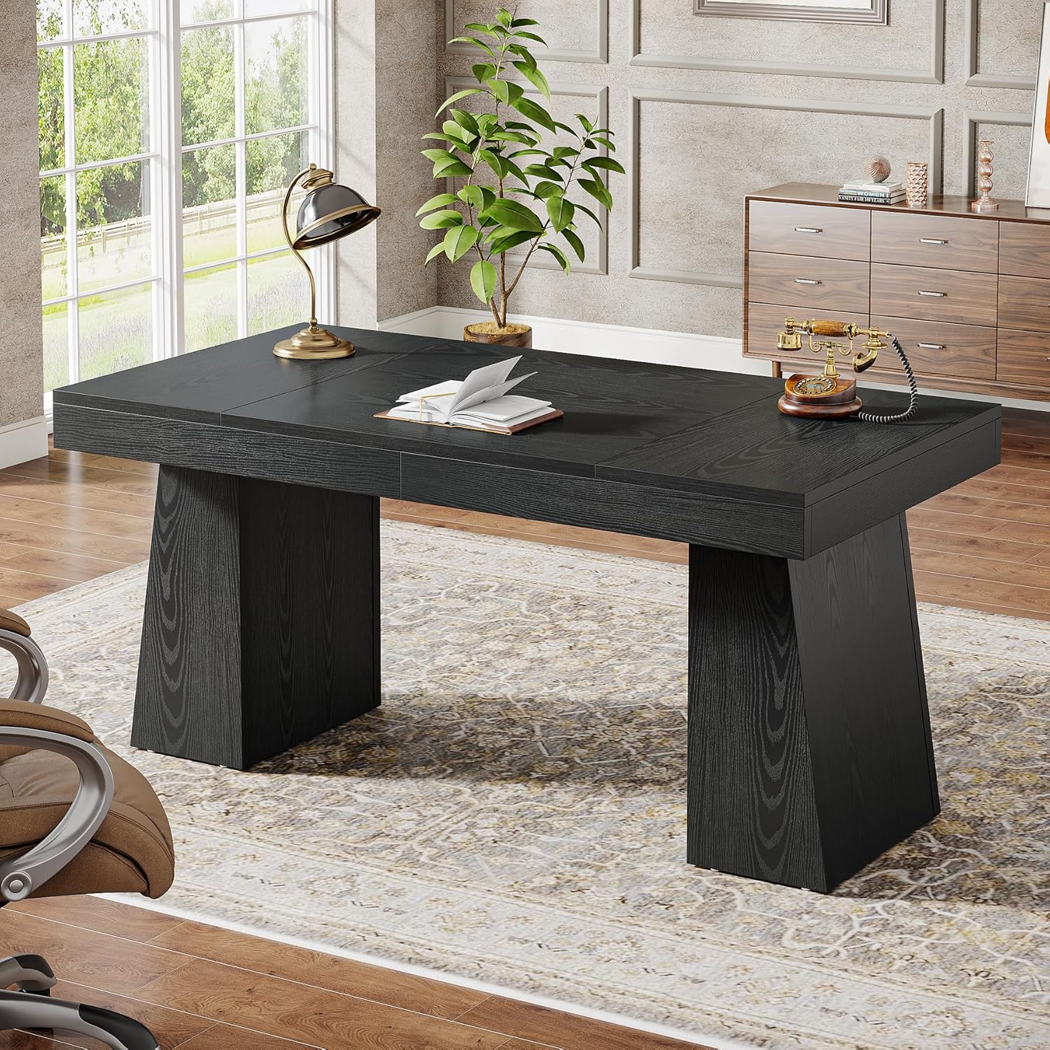 55 Inches Executive Desk, Mid-Century Modern Home Office Desk, Wood Computer Desk Business Workstation Desk Small Conference Table, Black