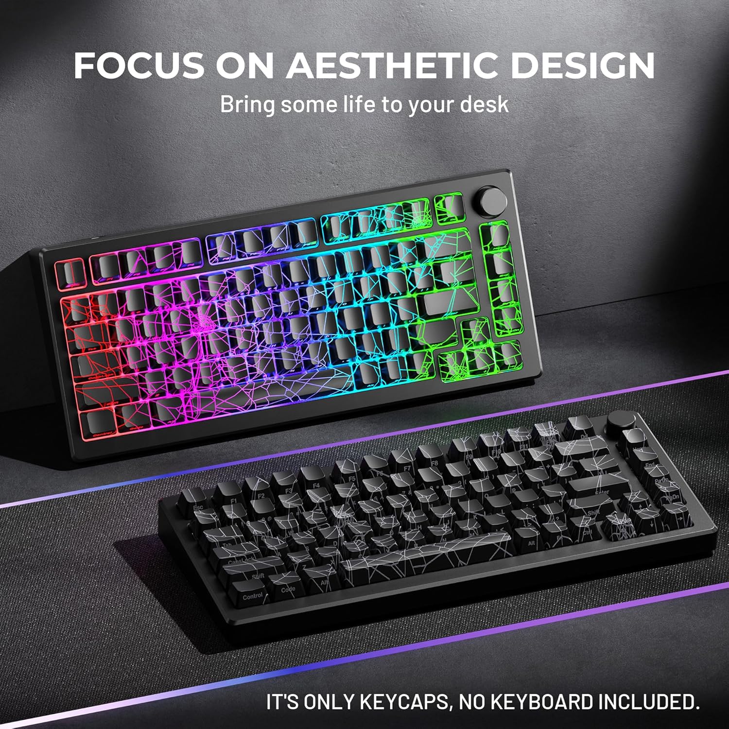 X XVX Spider Web Keycaps 60 75 100 Percent - Shine through Keycaps W/Imd Tech, for Mechanical Keyboards, Full 118 Key Set, OEM Profile, Lines Backlit, Side Printed - Black